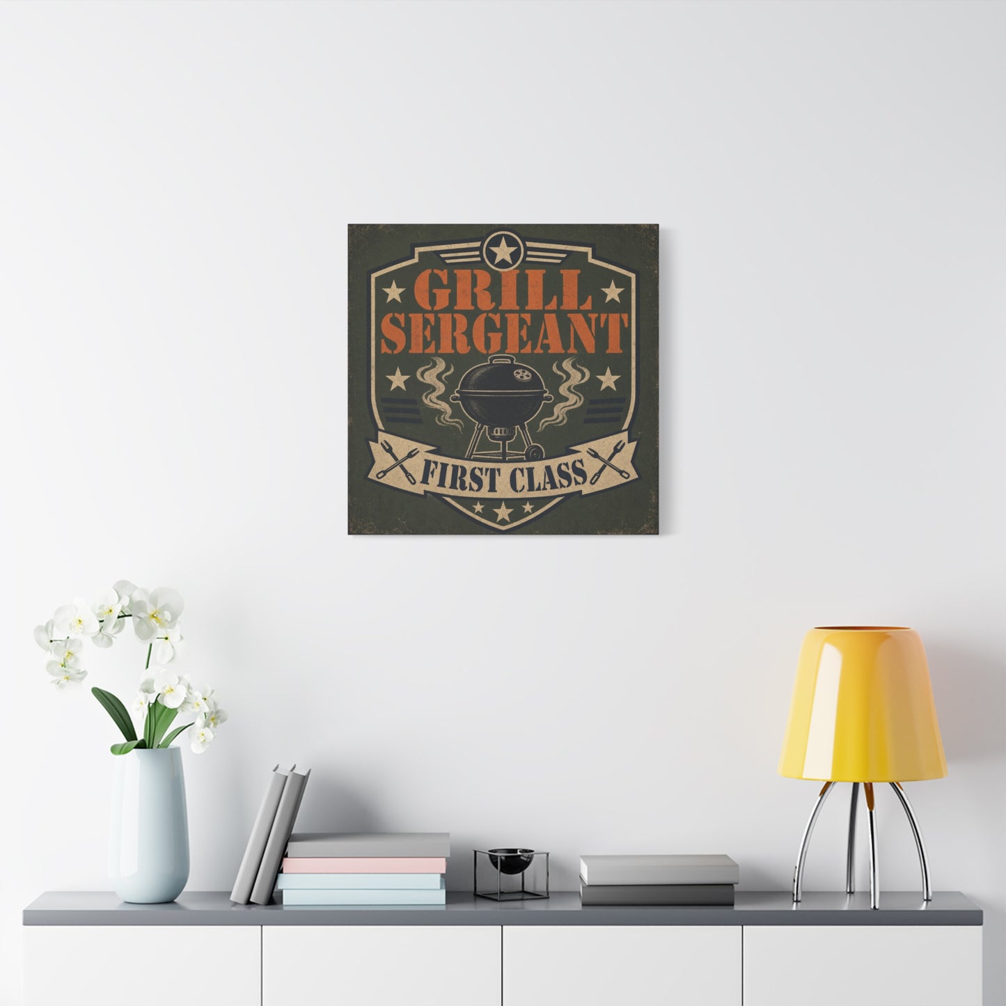 "Grill Sergeant First Class" BBQ Canvas Wall Art - Vintage Grill Badge Sign, Rustic Patriotic Kitchen Decor, Retro Barbecue Poster Style, Man Cave Wall Decor - Ready to Hang - Bedroom Home Decoration