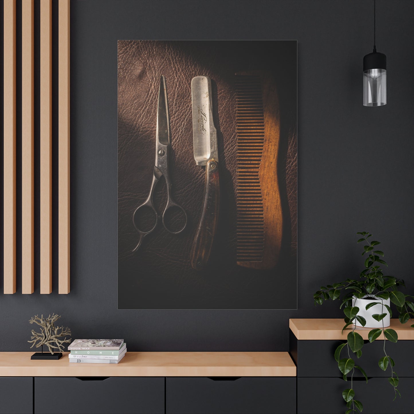 Vintage Barber Tools Canvas Wall Art - Scissors, Straight Razor, Wooden Comb Still Life - Rustic Art Print - Traditional Barbershop Decor, Salon Wall Accent, Home Office Display