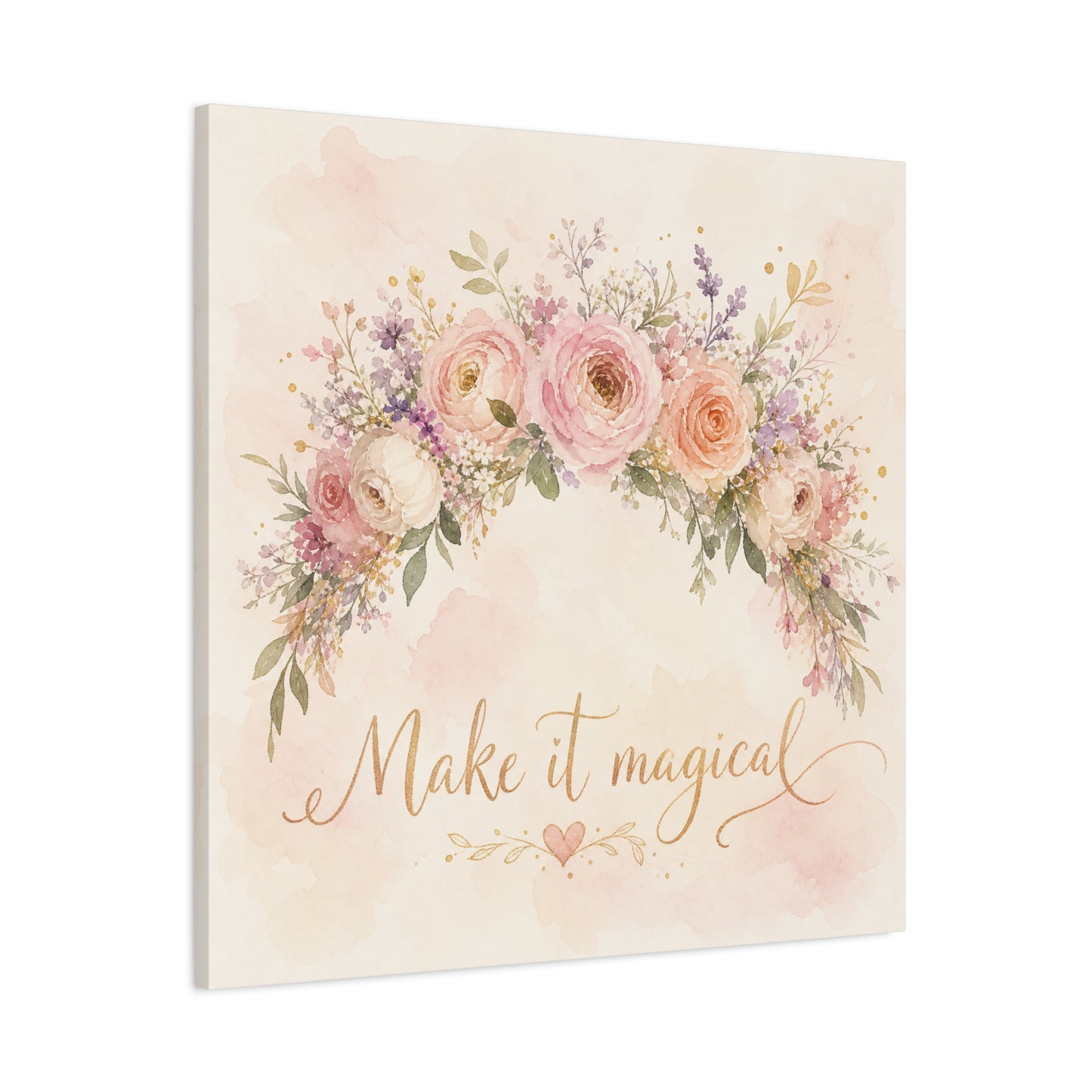 "Make It Magical" Floral Canvas Wall Art - Blush Rose Watercolor Quote Print, Pink Botanical Home Decor, Girls Bedroom Wall Decoration, Nursery Accent, Bohemian Living Room Style - Ready to Hang