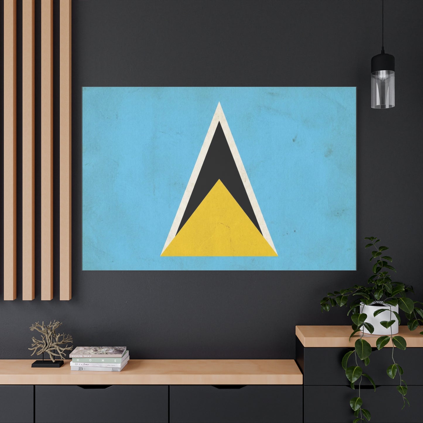 Saint Lucia Flag Canvas Wall Art - Blue Yellow Black Triangle Design, Minimalist Geometric Print - Modern Caribbean Decor - Living Room Wall Decor, Office Art Accent - Bedroom Home Decoration