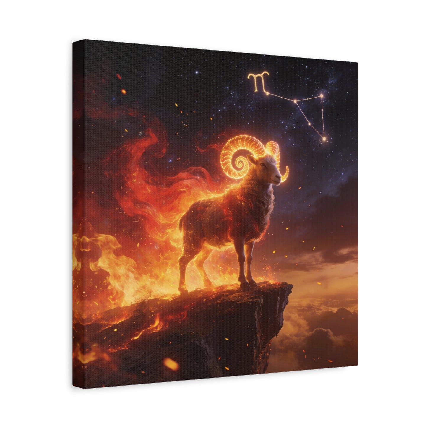 Aries Ram Canvas Wall Art - Fiery Zodiac Constellation Celestial Animal Print - Glowing Horns, Cosmic Night Sky - Contemporary Fantasy Style - Bedroom Home Decoration Office Wall Art - Ready to Hang