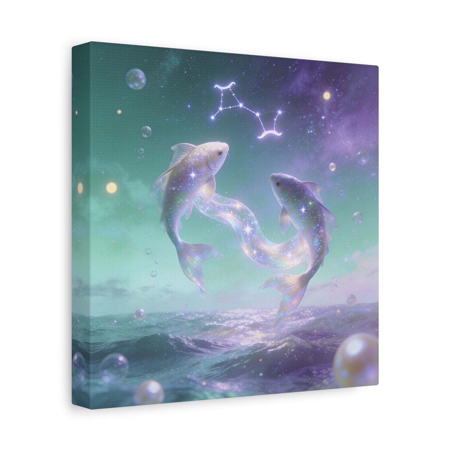 Pisces Fish Canvas Wall Art - Celestial Ocean Zodiac Illustration, Dreamy Aurora Nightscape, Matte Cotton Print, Mystical Bedroom Accent, Meditation Space Piece, Office Interior Style - Ready to Hang