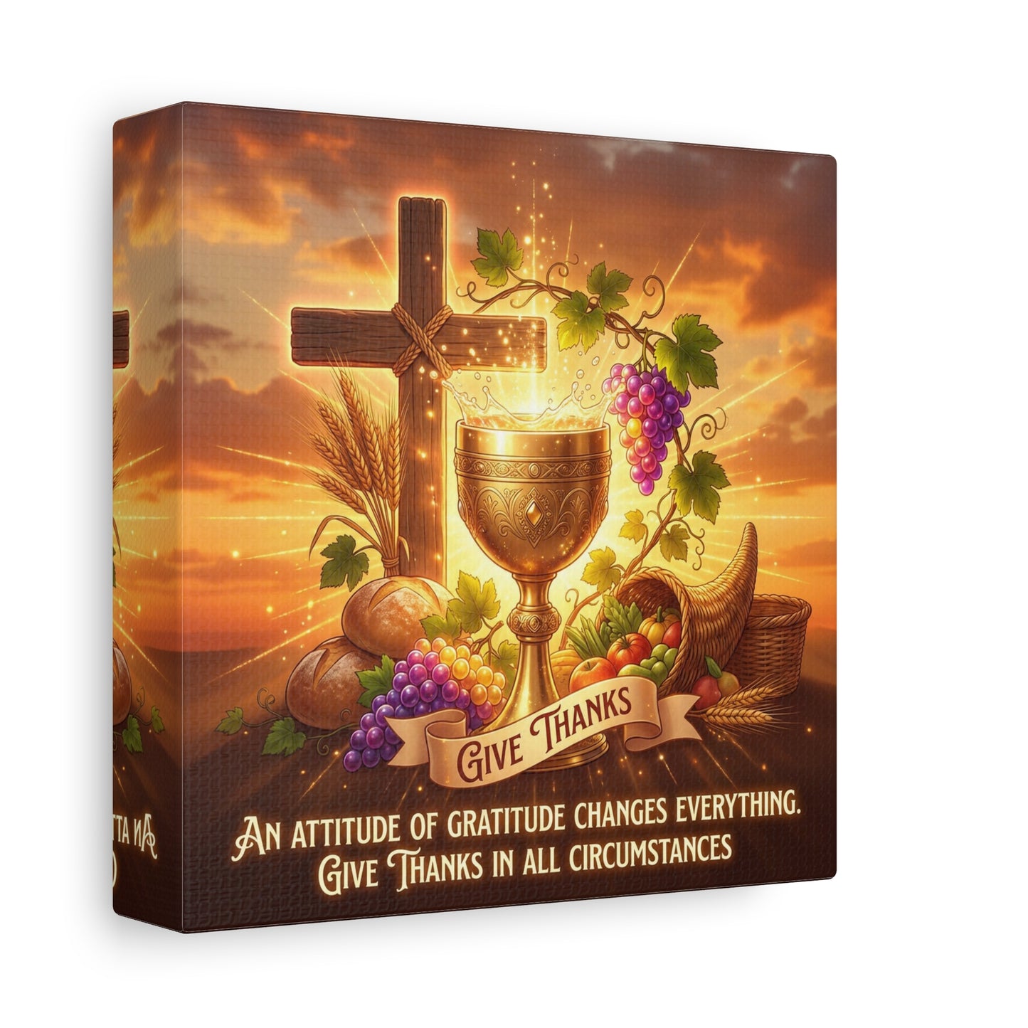 "Give Thanks" Christian Canvas Wall Art - Cross, Communion Chalice, Grapes, Bread - Gratitude Scripture Decor, Matte Cotton Print - Ready to Hang