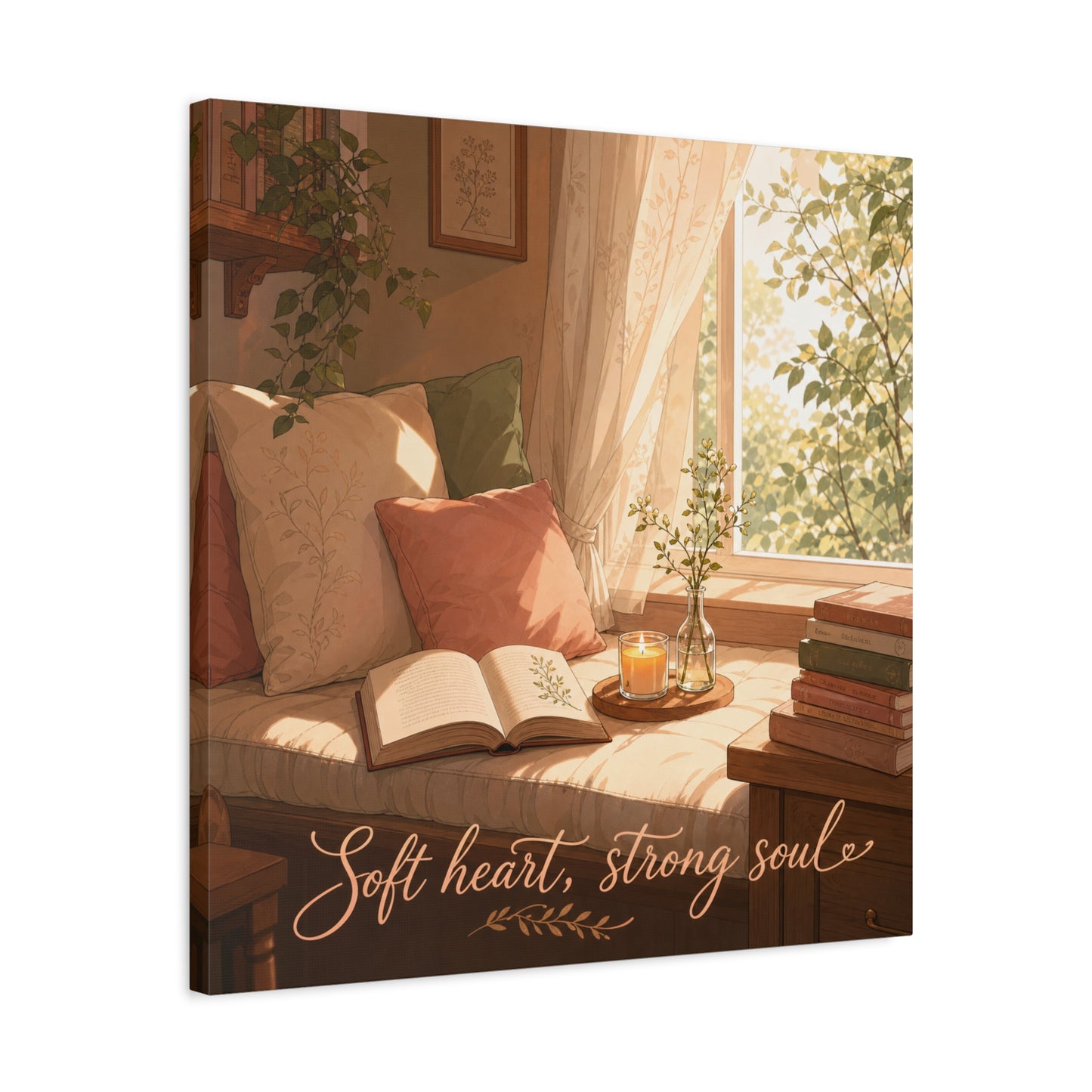 "Soft Heart, Strong Soul" Reading Nook Canvas Wall Art - Sunlit Window Seat, Books, Candle, Botanical Bedroom Decor - Cozy Cottagecore Style - Living Room Wall Decor - Bedroom Home Decoration