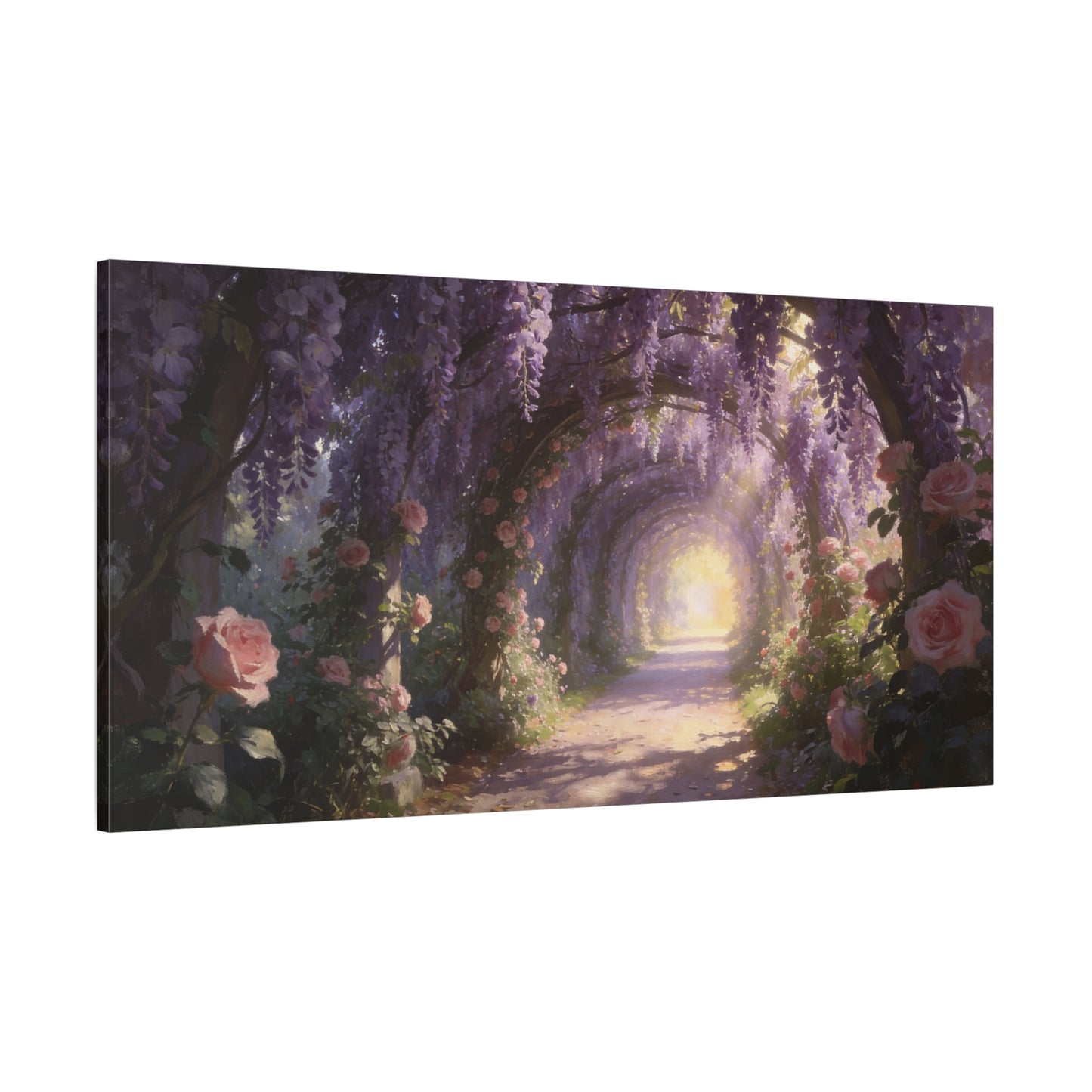 Wisteria Rose Garden Path Canvas Wall Art - Dreamy Floral Tunnel, Luminous Painterly Scene - Gallery Wrapped Cotton Print - Bedroom Wall Decor, Bohemian Home Accent - Bedroom Home Decoration