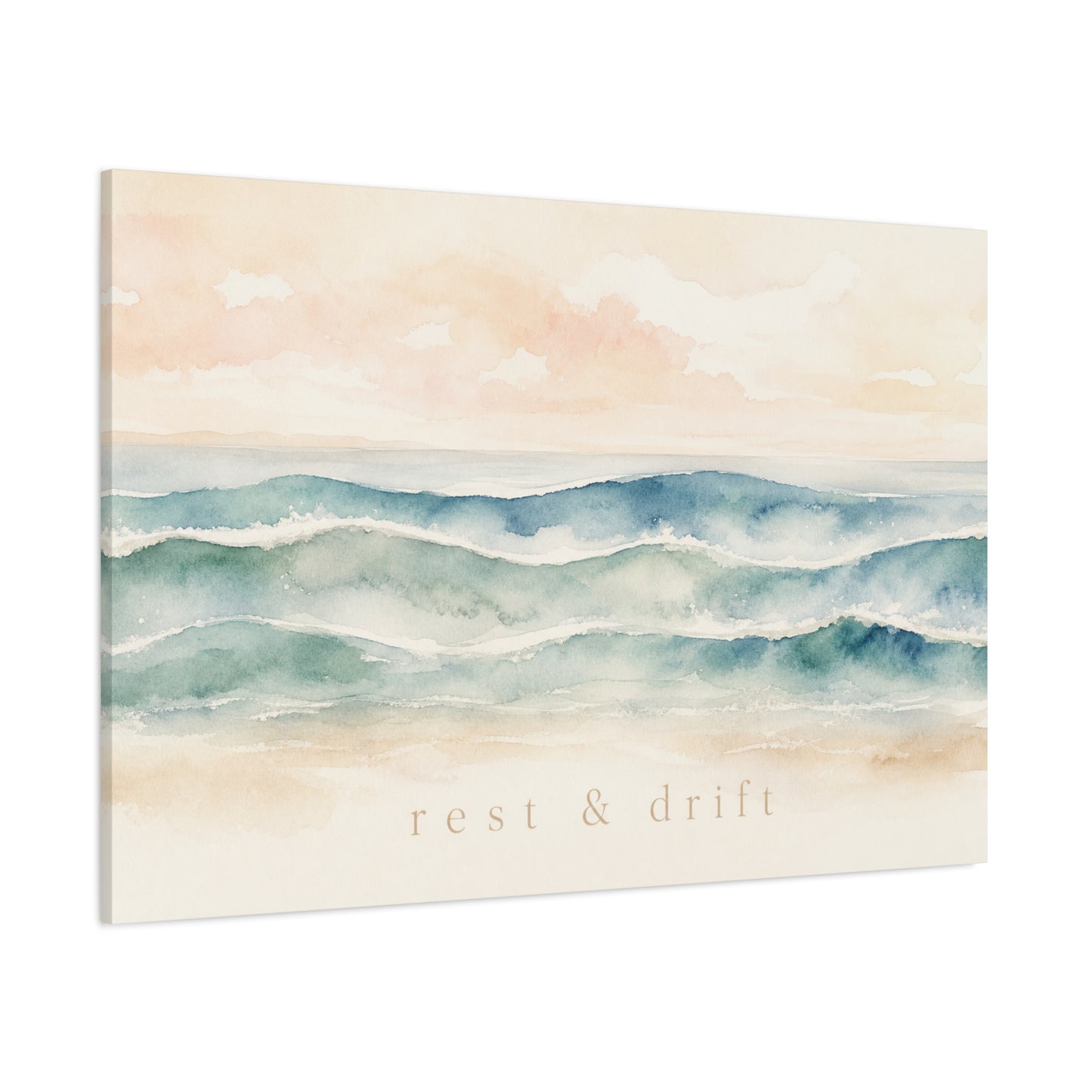 "Rest & Drift" Coastal Ocean Waves Canvas Wall Art - Watercolor Seascape Beach Decor - Serene Pastel Blue And Peach - Bedroom Home Decoration, Living Room Accent, Jellyfish Room Decor - Ready to Hang