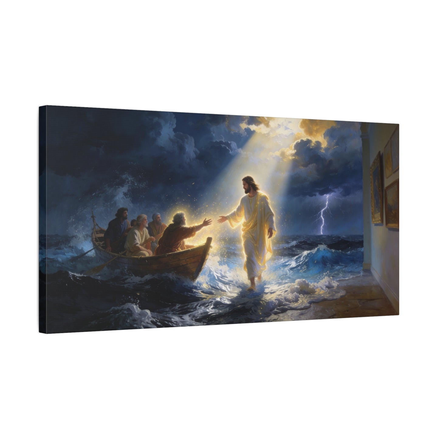 Jesus Christ Walking On Water Canvas Wall Art - Storm Sea Disciples Boat, Religious Christian Decor - Luminous Matte Canvas Print - Traditional Style, Living Room Wall Decor - Bedroom Home Decoration