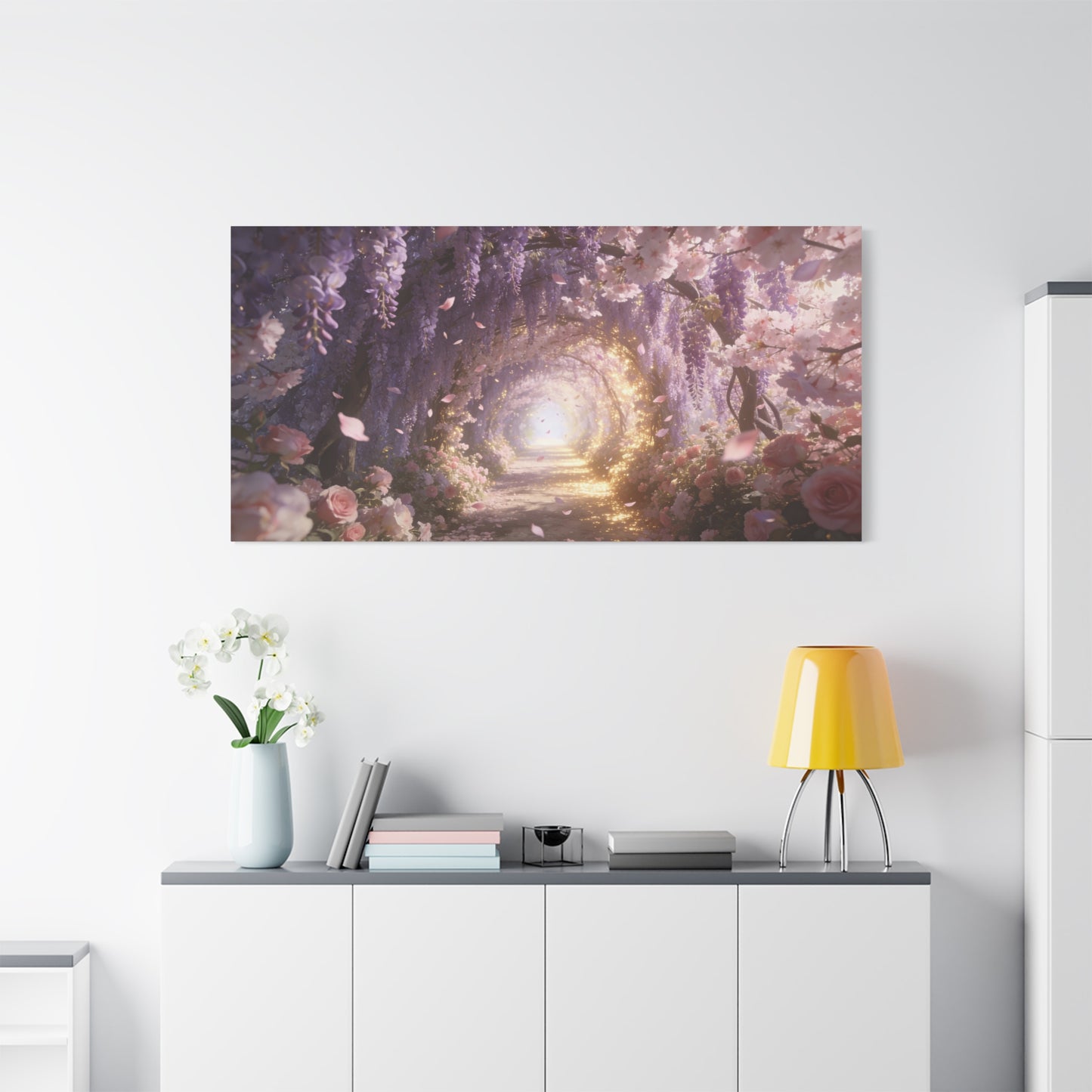 Wisteria Blossom Tunnel Canvas Wall Art - Cherry Blossom Garden Path, Ethereal Floral Wall Decor - Dreamy Matte Canvas Print - Romantic Bedroom Home Decoration, Living Room Accent - Ready to Hang