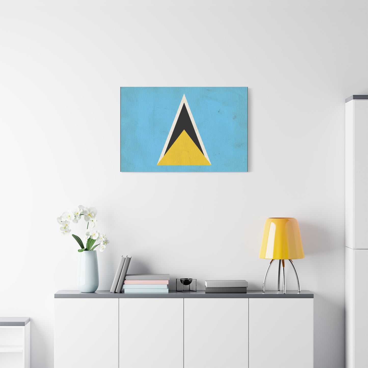 Saint Lucia Flag Canvas Wall Art - Blue Yellow Black Triangle Design, Minimalist Geometric Print - Modern Caribbean Decor - Living Room Wall Decor, Office Art Accent - Bedroom Home Decoration