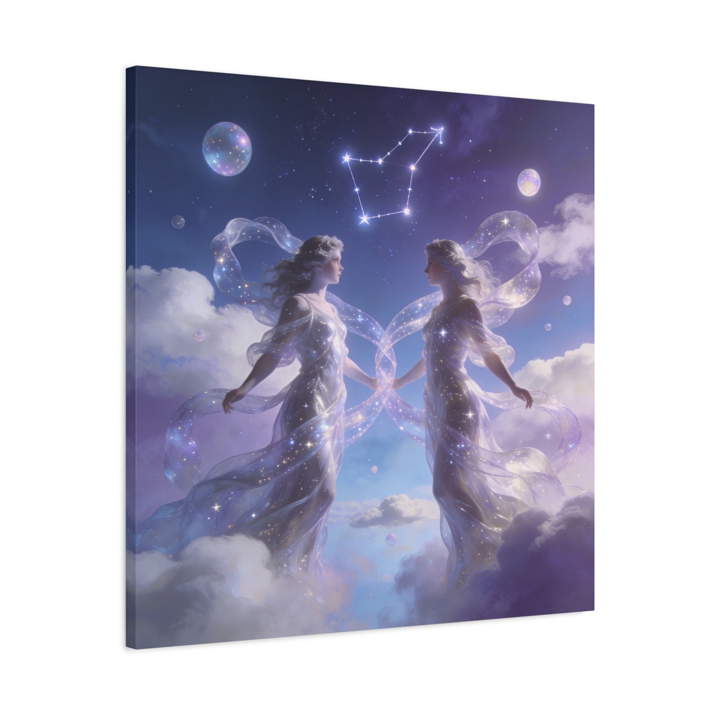 Gemini Zodiac Canvas Wall Art - Celestial Twin Women Under Constellation, Dreamy Fantasy Sky Scene - Matte Cotton Art Print - Bedroom Wall Decor, Meditation Space Accent - Bedroom Home Decoration