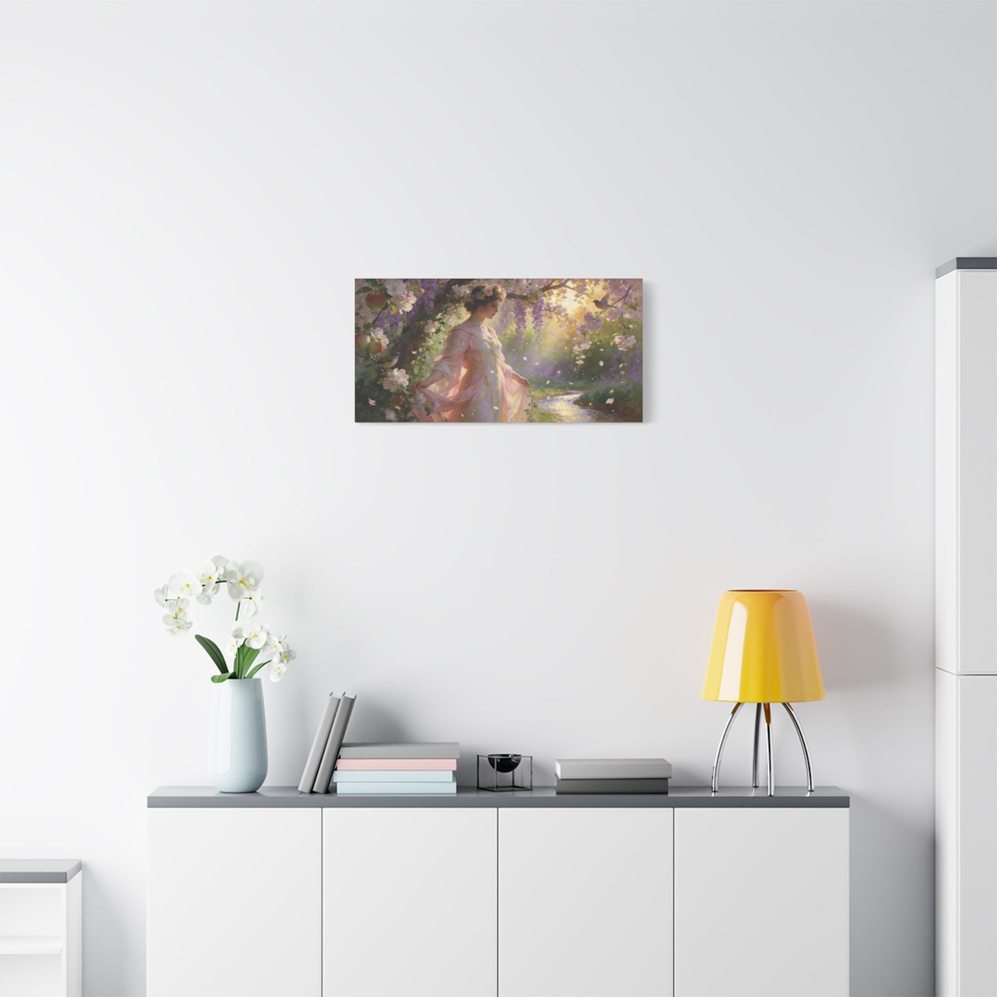 Romantic Garden Maiden Canvas Wall Art - Floral Orchard Figure, Wisteria Blossoms, Songbirds - Impressionist Cotton Canvas Print - Vintage Style Living Room Wall Decor Bedroom Accent - Ready to Hang