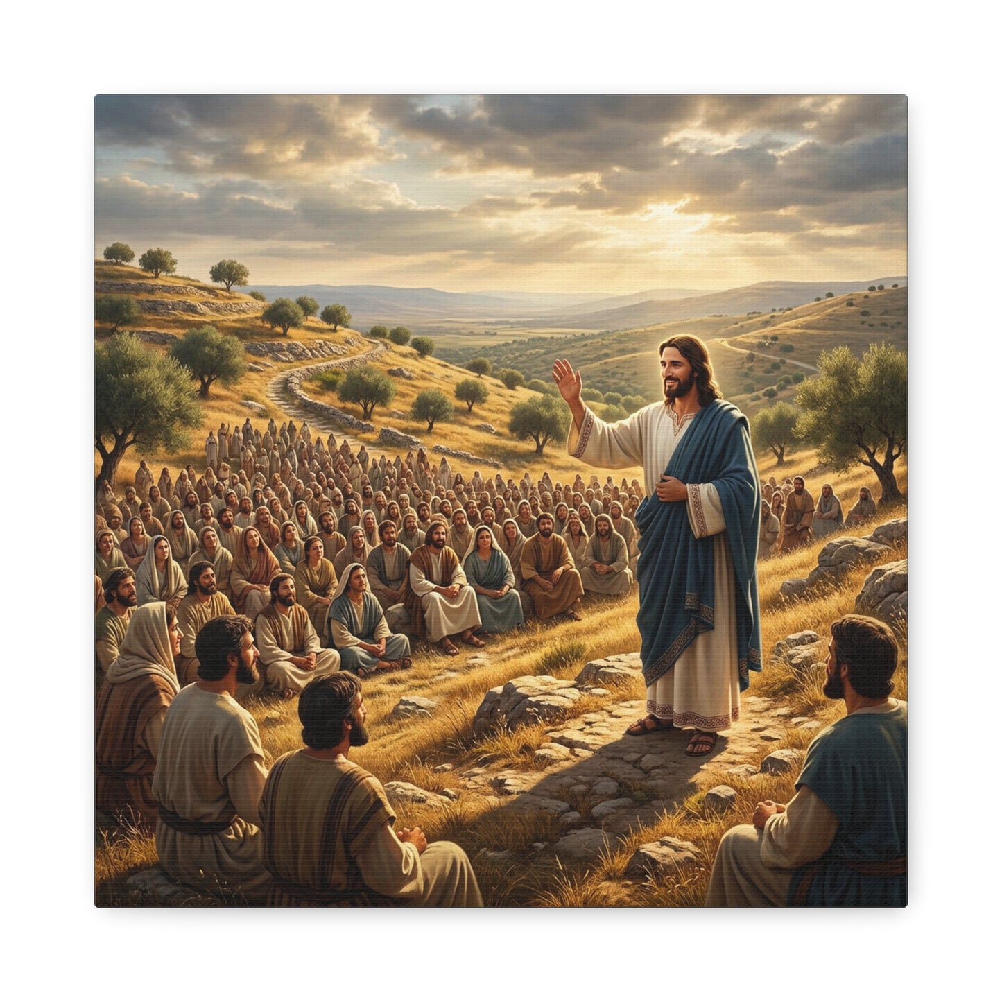 Jesus Teaching Multitude Canvas Wall Art - Biblical Hillside Sermon Scene, Matte Cotton Print - Traditional Christian Decor - Living Room Wall Decor, Bedroom Home Decoration, Office Art