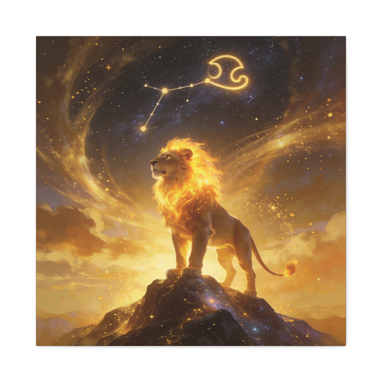 Leo Zodiac Lion Canvas Wall Art - Celestial Astrology Constellation Print, Glowing Gold Cosmic Sky - Fantasy Style, Living Room Wall Decor Bedroom Home Decoration Office Art - Bedroom Home Decoration
