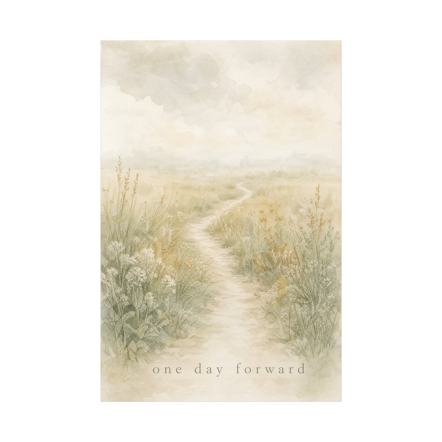 "One Day Forward" Inspirational Canvas Wall Art - Soft Meadow Path Watercolor Print, Neutral Sage Beige Botanical Landscape, Bedroom Wall Decor, Meditation Space Home Decoration - Ready to Hang