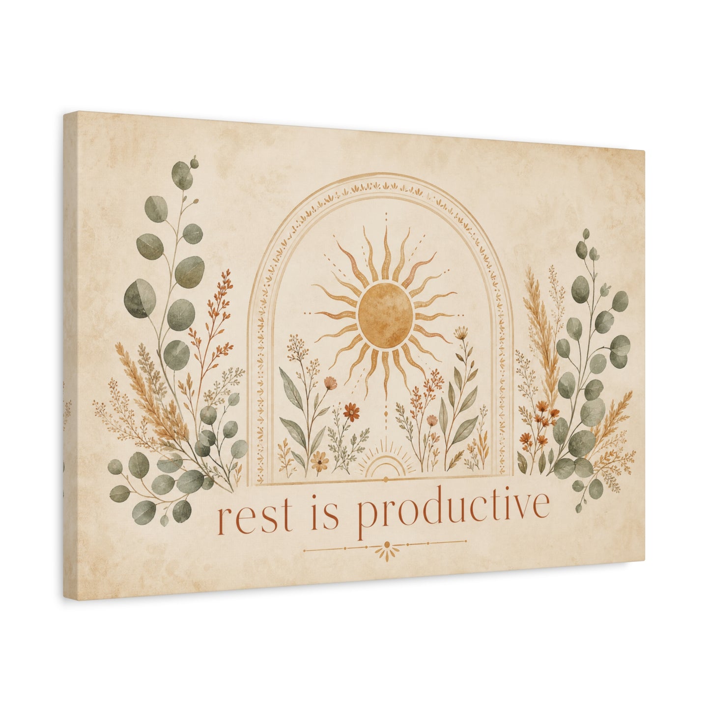 "Rest Is Productive" Inspirational Canvas Wall Art - Boho Sun And Botanical Arch Print - Neutral Typography Decor - Bedroom Living Room Decoration - Office Wall Art - Bedroom Home Decoration