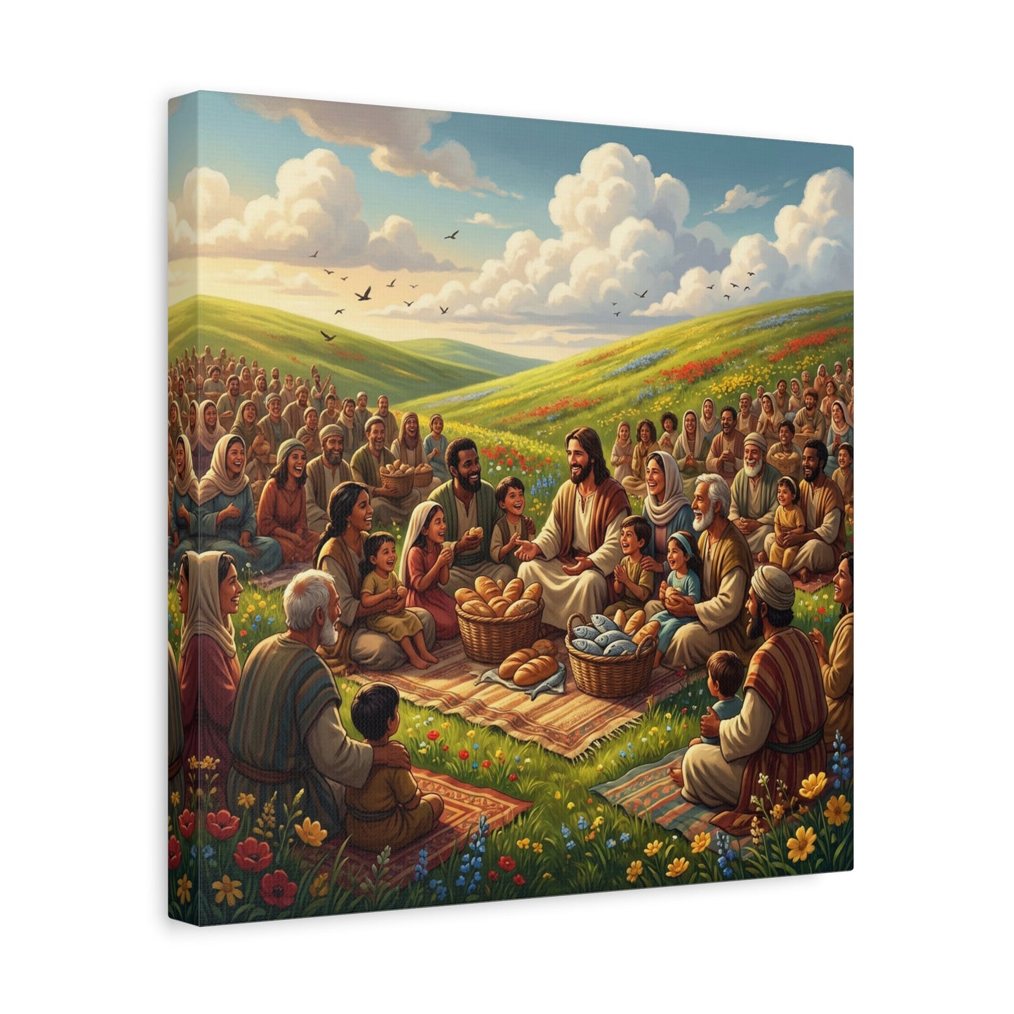 Jesus Feeding The Multitude Canvas Wall Art - Bread And Fish Biblical Scene - Meadow Landscape Christian Home Decor - Matte Cotton Print For Living Room, Bedroom, Office, Meditation Space
