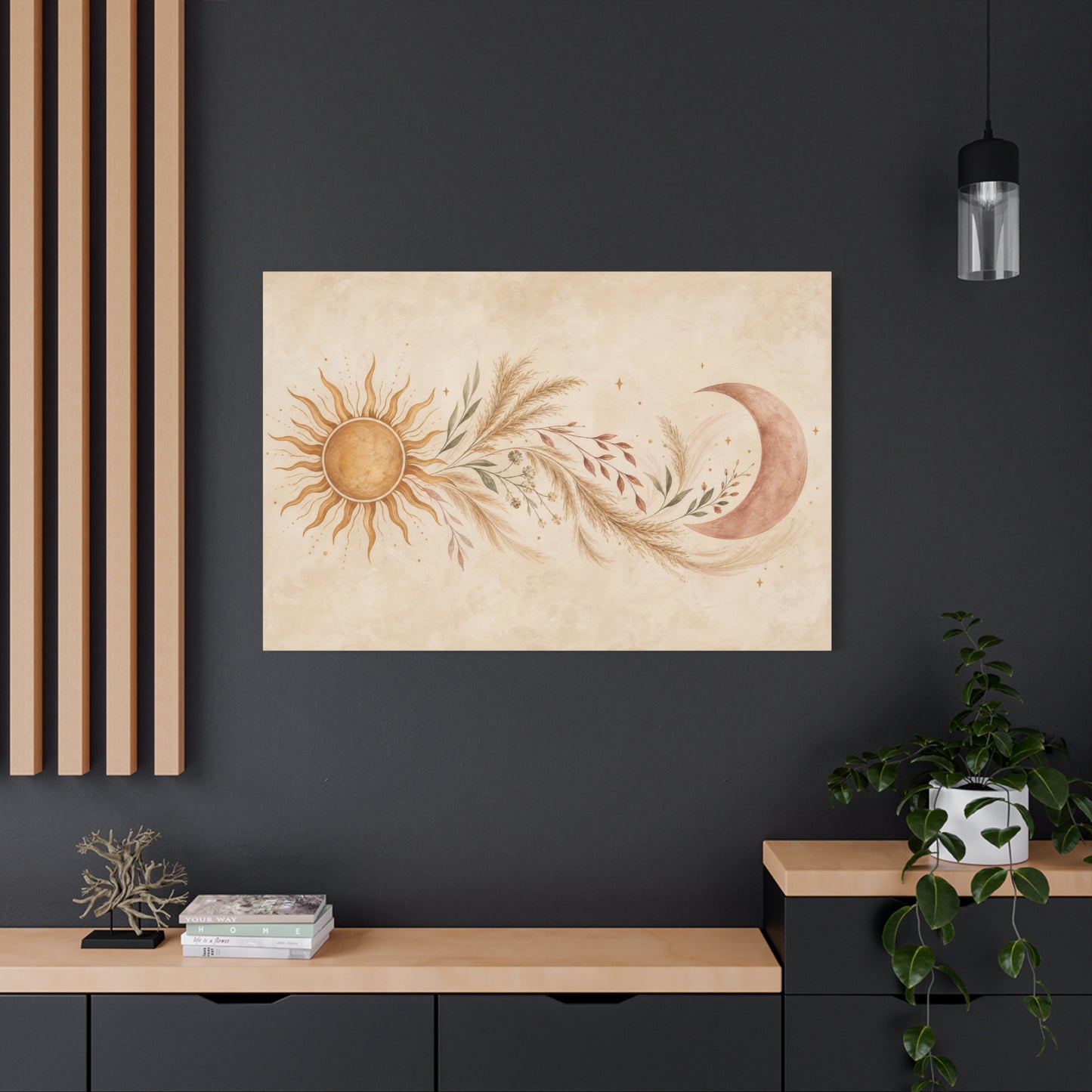 Boho Sun And Moon Canvas Wall Art - Celestial Botanical Pampas Grass Print - Neutral Beige Terracotta Modern Bohemian Decor - Bedroom Living Room Wall Decor - Meditation Space Accent - Ready to Hang