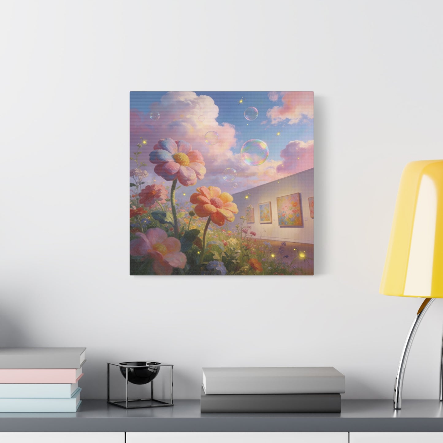 Dreamy Floral Canvas Wall Art - Pastel Wildflower Sky With Iridescent Bubbles, Firefly Glow - Whimsical Matte Canvas Print - Contemporary Bedroom Wall Decor, Living Room Accent - Cozy Reading Nook Art