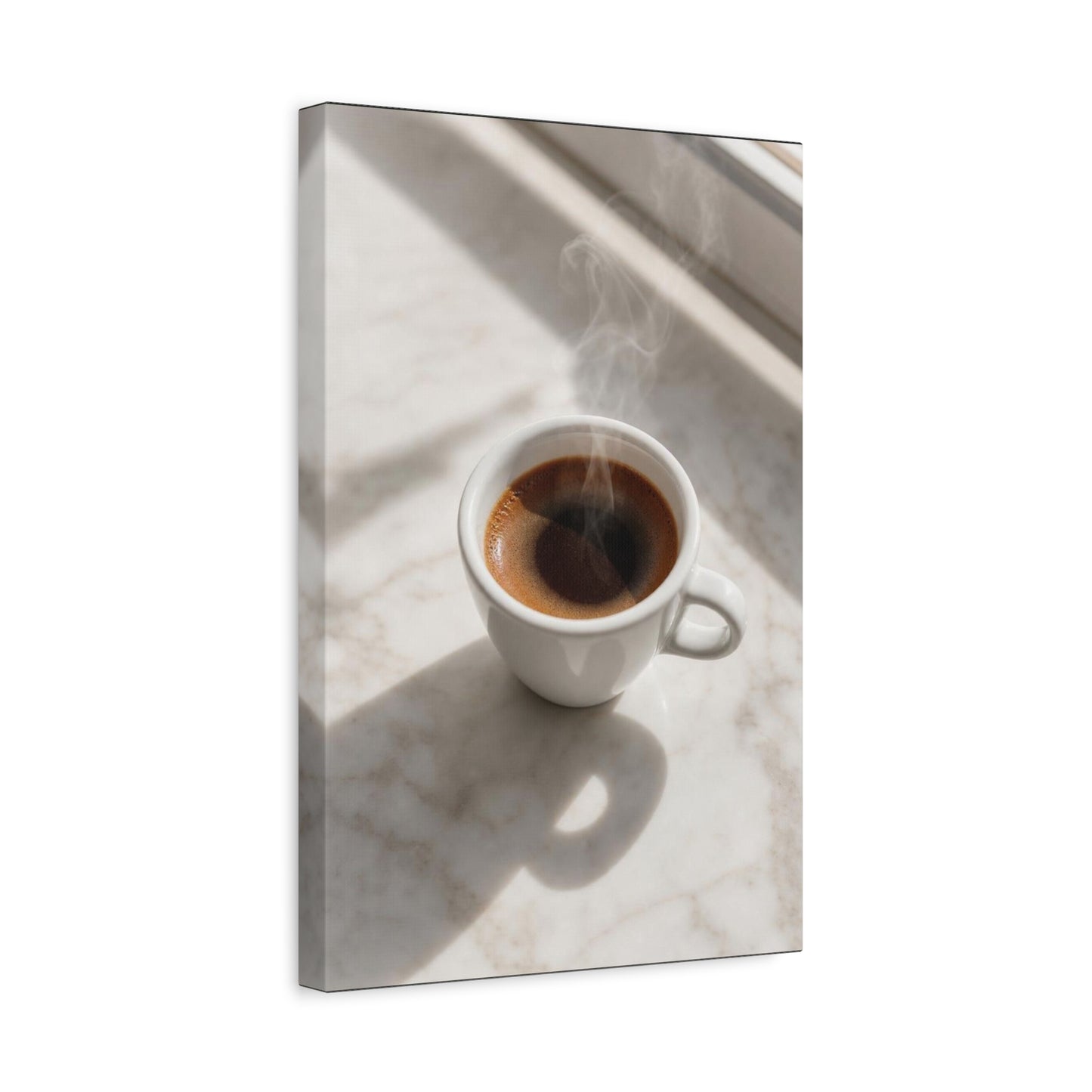 Steaming Espresso Coffee Cup Canvas Wall Art - Minimalist Sunlit Art Print, Matte Cotton Print - Contemporary Kitchen Decor, Dining Room Accent, Cafe Wall Decor, Office Art - Bedroom Home Decoration
