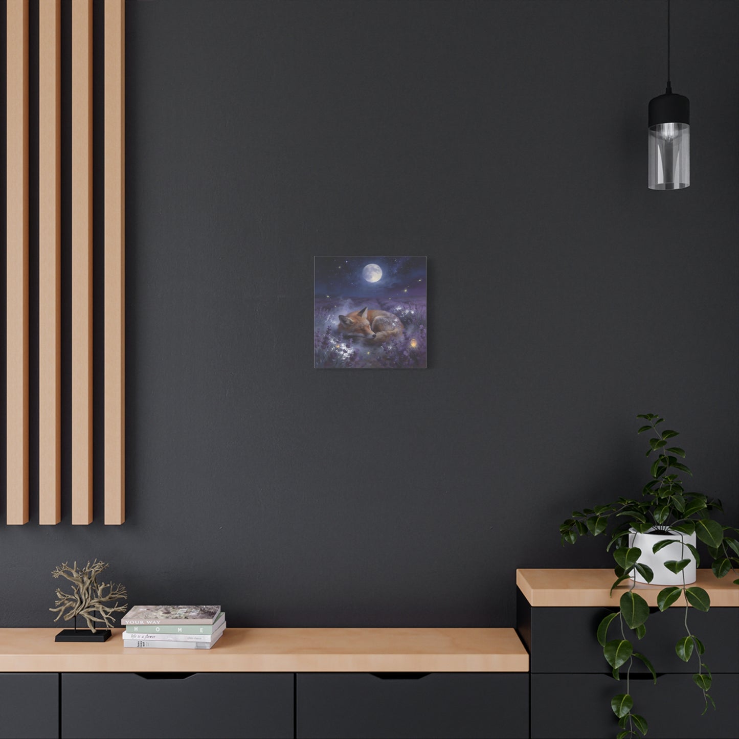 Sleeping Red Fox Canvas Wall Art - Moonlit Lavender Field, Fireflies, Starry Night Sky - Dreamy Woodland Animal Print - Matte Finish Canvas - Bedroom Wall Decor, Nursery Accent - Cozy Reading Nook Art