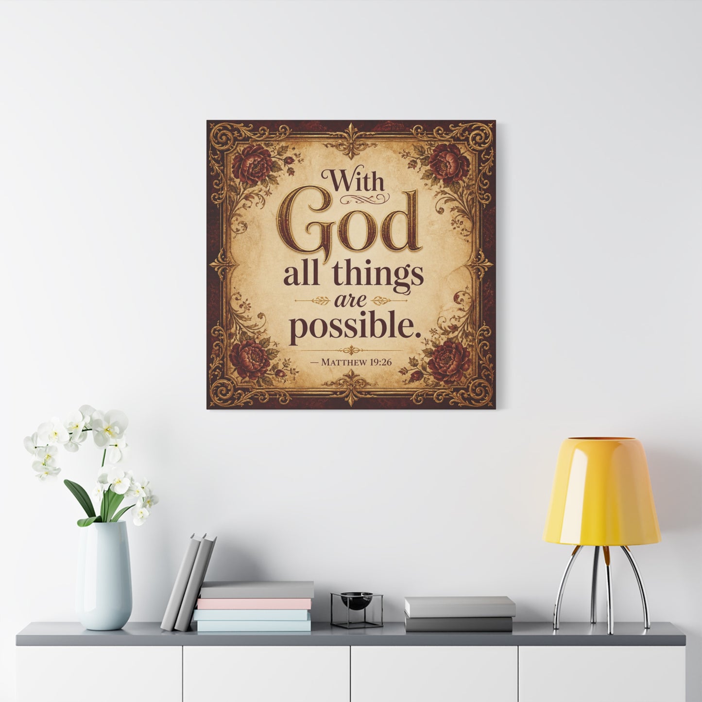 "With God All Things Are Possible. - Matthew 19:26" Christian Canvas Wall Art - Vintage Floral Scripture Print, Traditional Inspirational Decor, Living Room Bedroom Wall Hanging - Ready to Hang