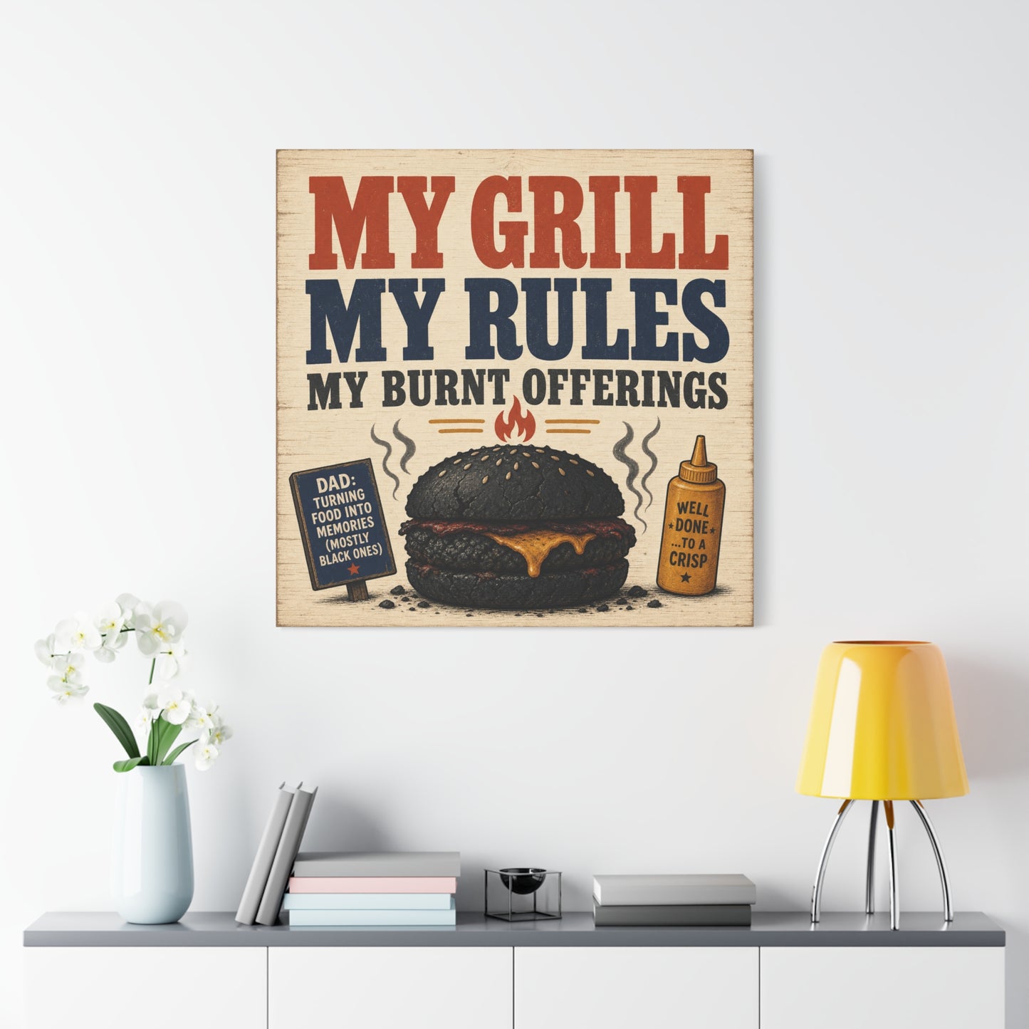 "My Grill My Rules My Burnt Offerings" Funny BBQ Canvas Wall Art - Burnt Burger Grill Sign, Rustic Farmhouse Kitchen Decor, Patriotic Red Blue Typography Print - Man Cave Wall Decor - Ready to Hang