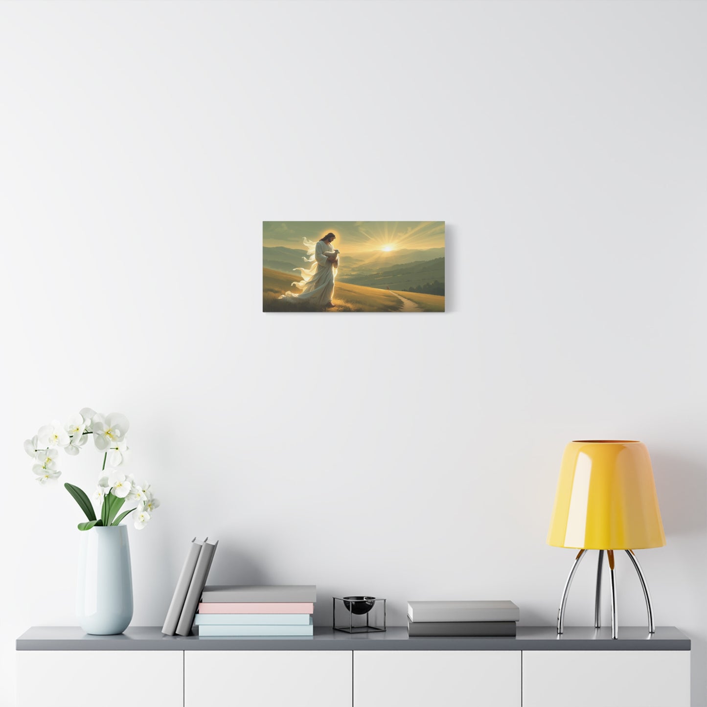 Jesus Holding Lamb Canvas Wall Art - Christian Sunset Landscape Print, Golden Light Faith Decor - Matte Cotton Canvas - Traditional Living Room Wall Decor, Bedroom Home Accent - Modern Farmhouse Style