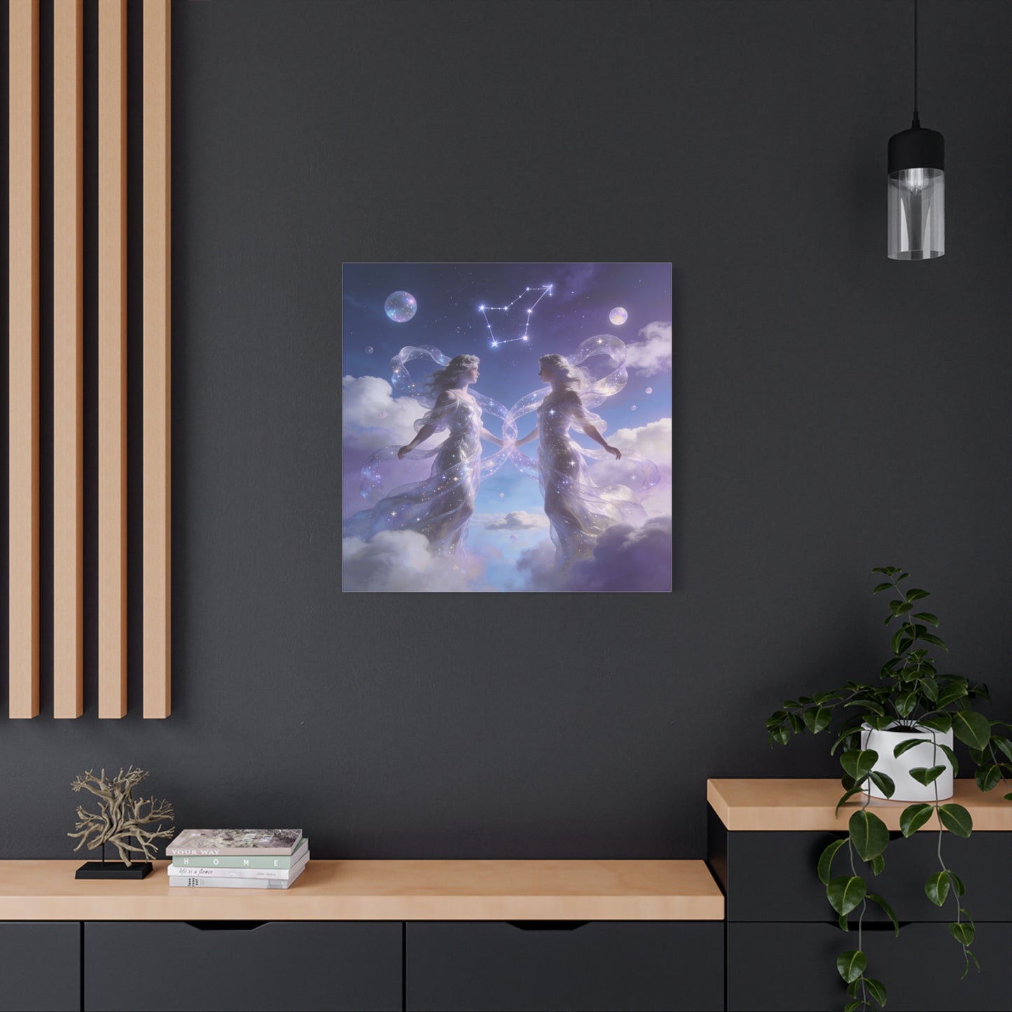 Gemini Zodiac Canvas Wall Art - Celestial Twin Women Under Constellation, Dreamy Fantasy Sky Scene - Matte Cotton Art Print - Bedroom Wall Decor, Meditation Space Accent - Bedroom Home Decoration