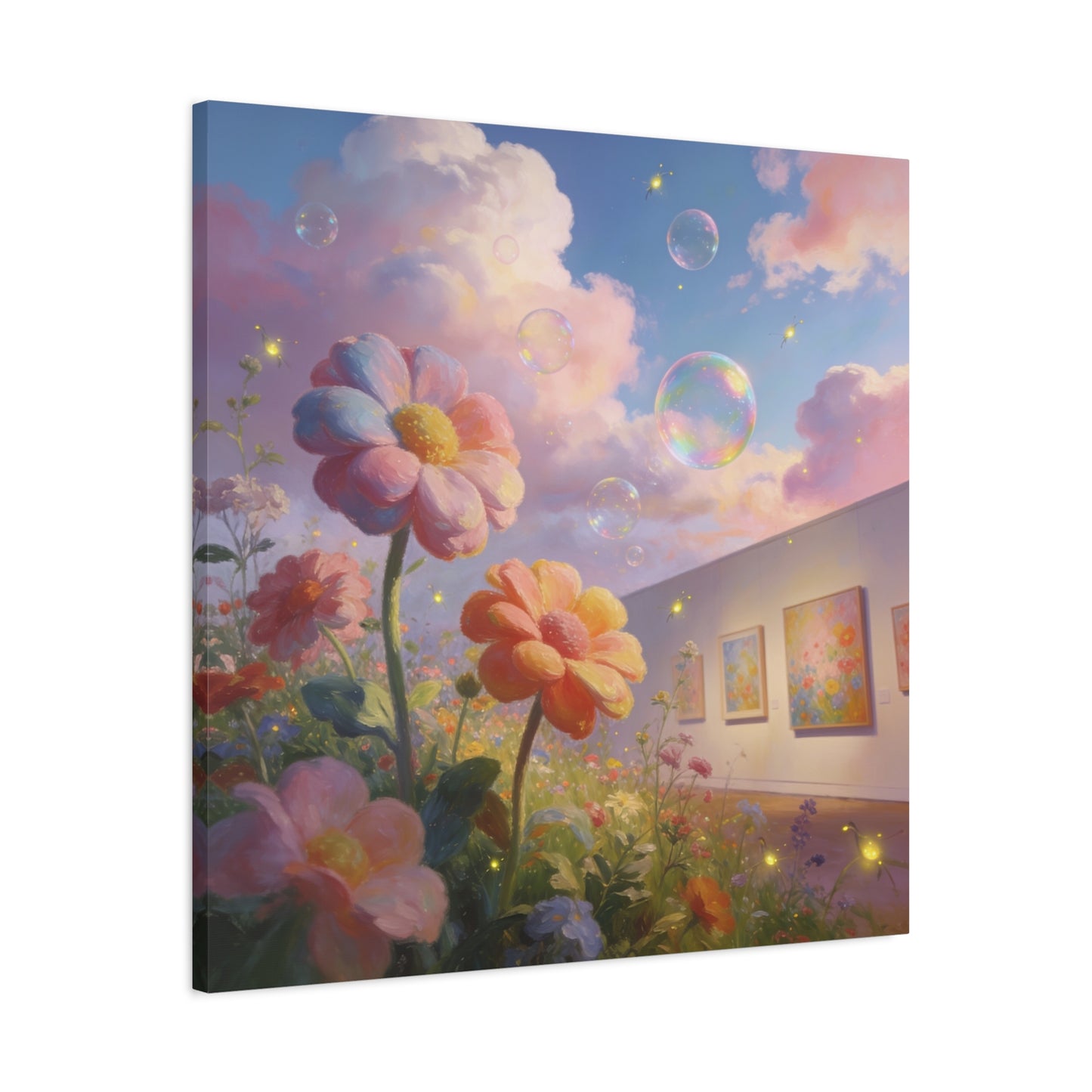 Dreamy Floral Canvas Wall Art - Pastel Wildflower Sky With Iridescent Bubbles, Firefly Glow - Whimsical Matte Canvas Print - Contemporary Bedroom Wall Decor, Living Room Accent - Cozy Reading Nook Art