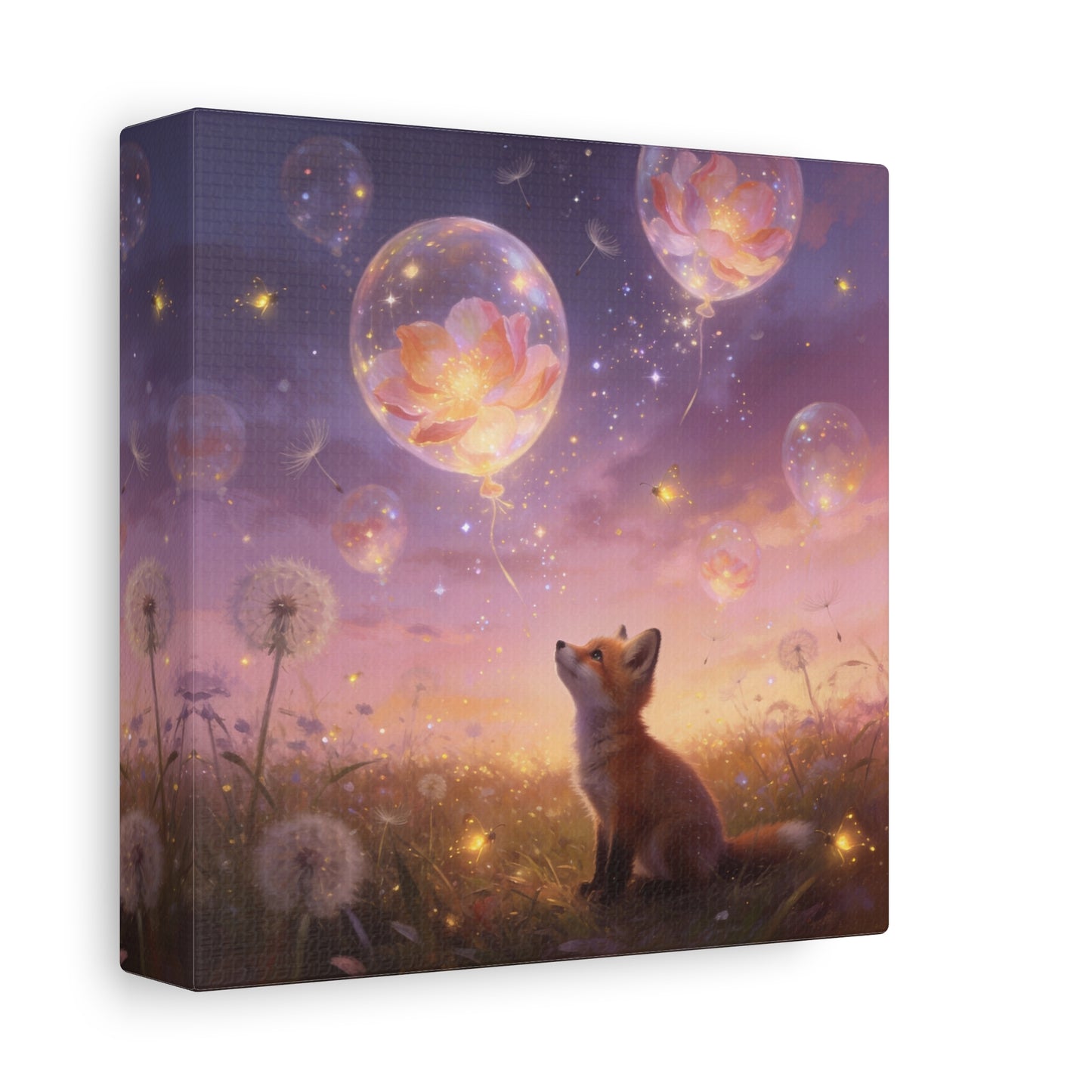 Fox Canvas Wall Art - Whimsical Fox Under Floral Balloons, Dreamy Twilight Meadow Canvas Print - Pastel Fantasy Style, Living Room Wall Decor, Bedroom Home Decoration - Bedroom Home Decoration