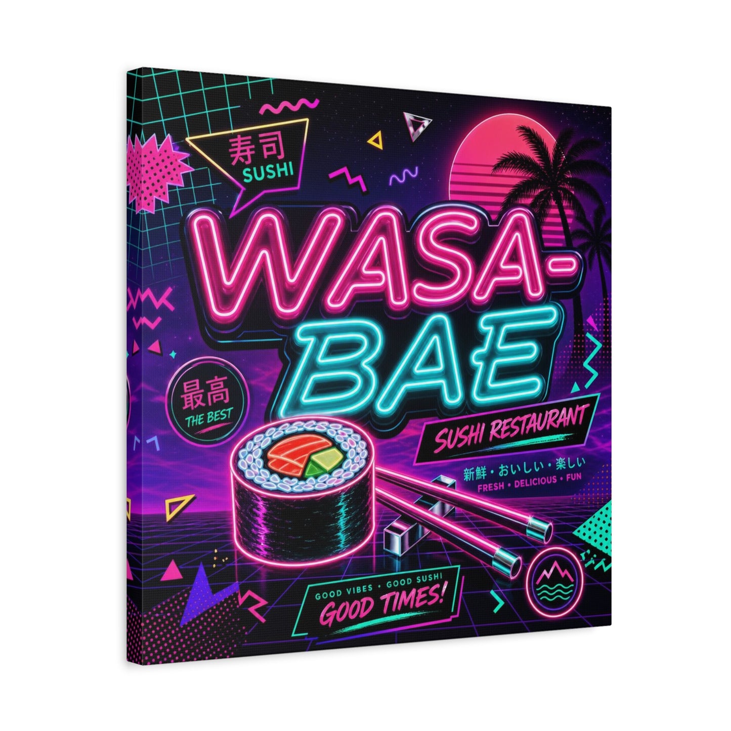 "WASA-BAE" Sushi Canvas Print - Neon Japanese Restaurant Sign, Retro Vaporwave Illustration - Matte Cotton Decor, Cafe Wall Accent, Dining Space Artwork, Lounge Interior Style - Office Wall Art