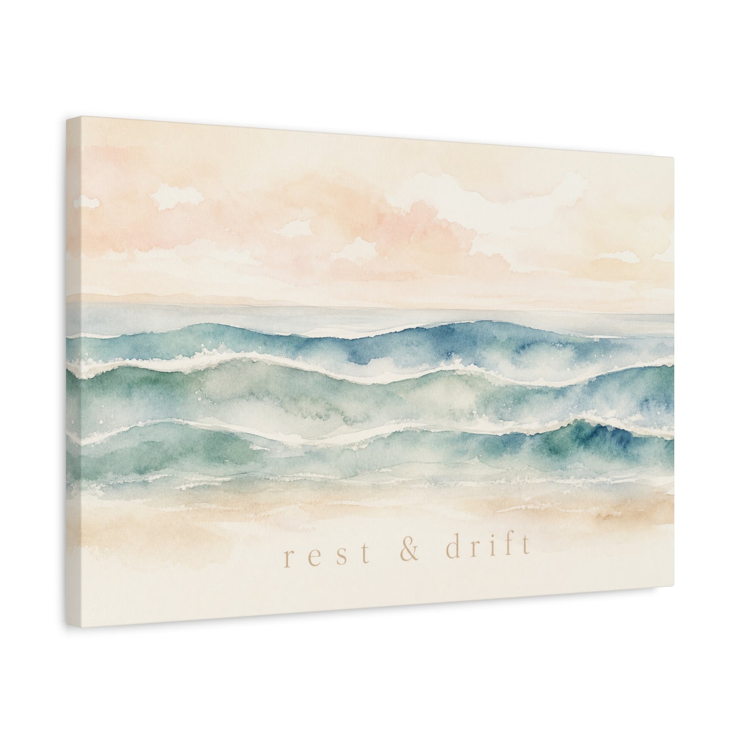 "Rest & Drift" Coastal Ocean Waves Canvas Wall Art - Watercolor Seascape Beach Decor - Serene Pastel Blue And Peach - Bedroom Home Decoration, Living Room Accent, Jellyfish Room Decor - Ready to Hang