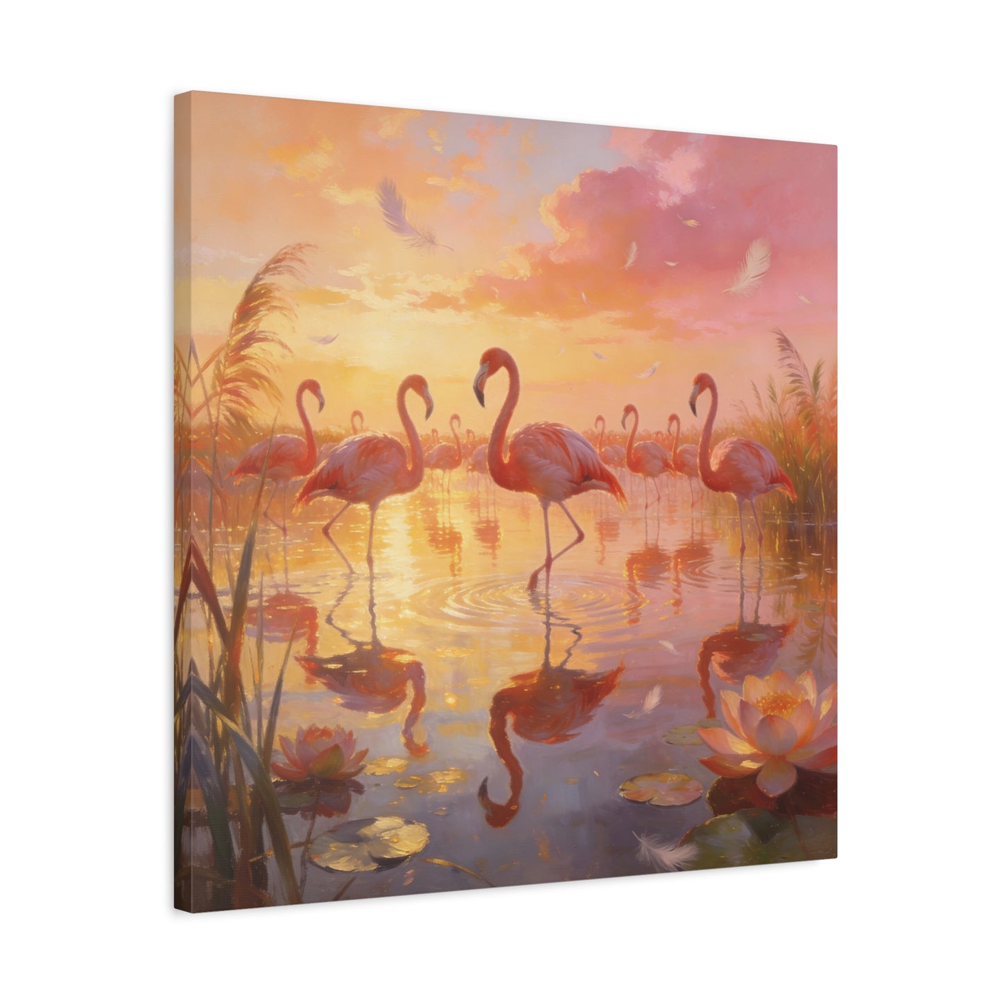 Pink Flamingo Canvas Wall Art - Sunset Wetland Birds, Lotus Pond Reflections - Dreamy Tropical Illustration, Matte Canvas Print - Living Room Wall Decor, Bedroom Home Decoration - Ready to Hang