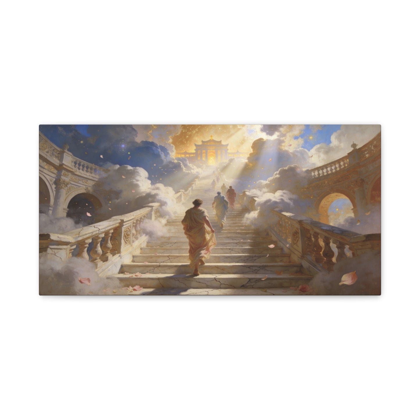 Celestial Stairway Canvas Wall Art - Figures Ascending Through Clouds, Golden Temple Light - Matte Cotton Art Print - Classical Fantasy Style - Living Room Wall Decor, Office Accent - Ready to Hang