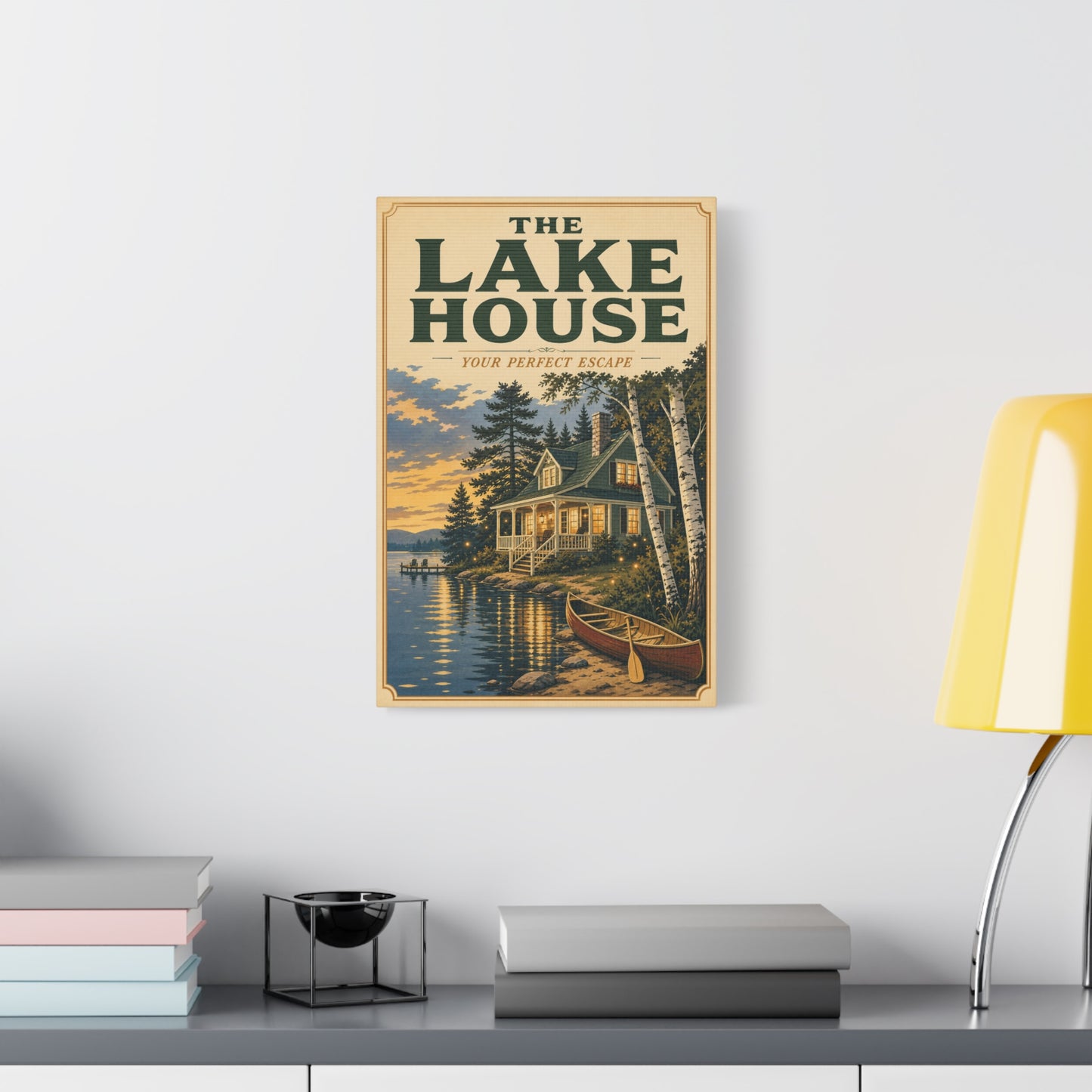 "The Lake House Your ideal Escape" Canvas Wall Art - Vintage Lakeside Cabin, Canoe And Birch Trees - Rustic Landscape Print - Living Room Wall Decor, Cabin Home Decoration - Bedroom Home Decoration