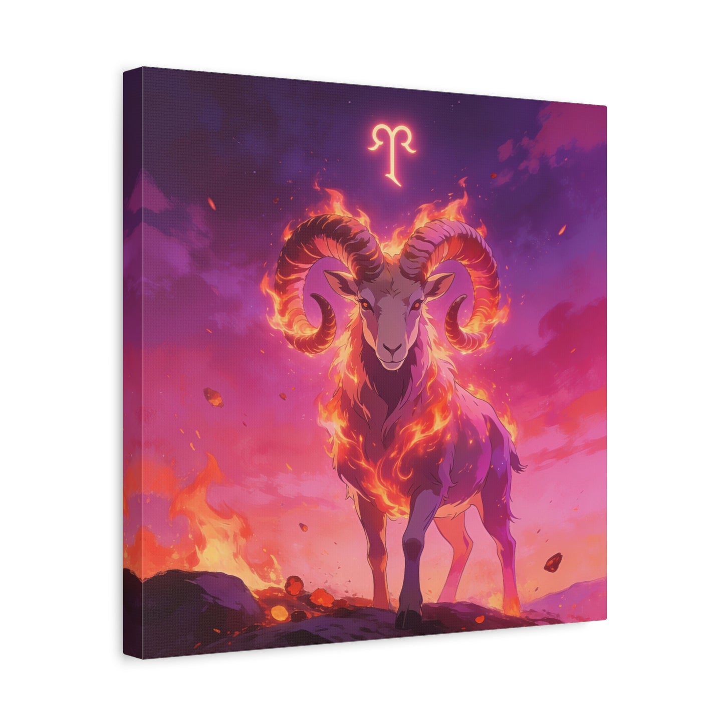 Aries Ram Canvas Wall Art - Fiery Zodiac Illustration, Purple Pink Flame Sky, Matte Canvas Print, Modern Fantasy Style, Bedroom Wall Decor, Home Office Accent, Statement Piece For Astrology Lovers