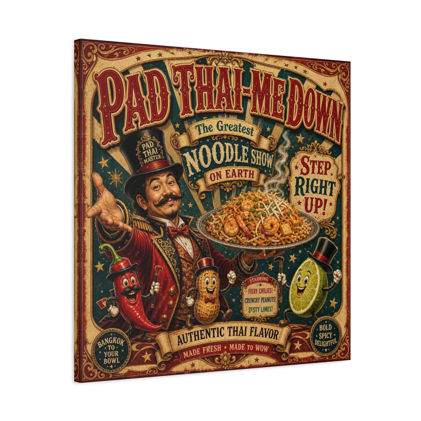 "Pad Thai-Me Down" Canvas Wall Art - Vintage Circus Noodle Poster, Typography Illustration, Whimsical Restaurant Decor, Cafe Wall Decor, Retro Kitchen Accent, Matte Canvas Print - Ready to Hang