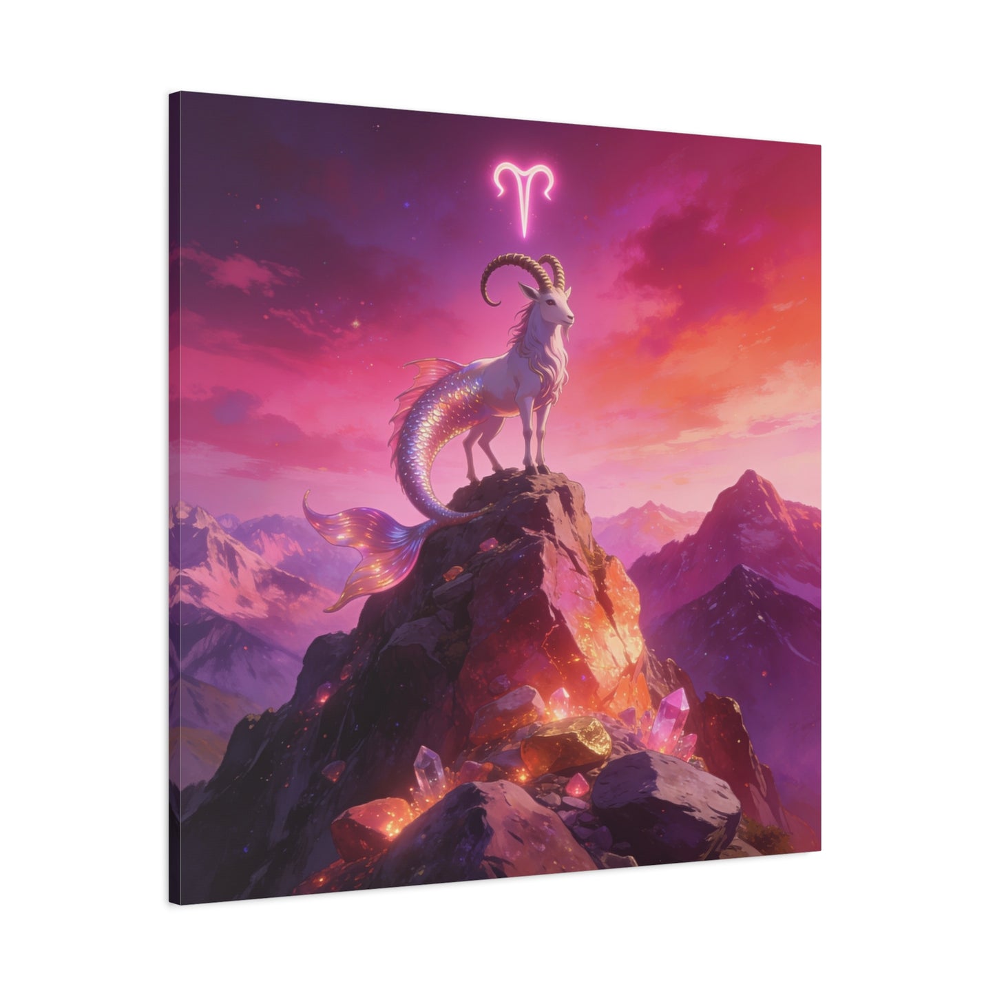 Aries Zodiac Mermaid Goat Canvas Wall Art - Fantasy Mountain Crystal Scene - Pink Purple Celestial Illustration - Modern Mystical Decor, Bedroom Home Decoration, Office Wall Art - Ready to Hang