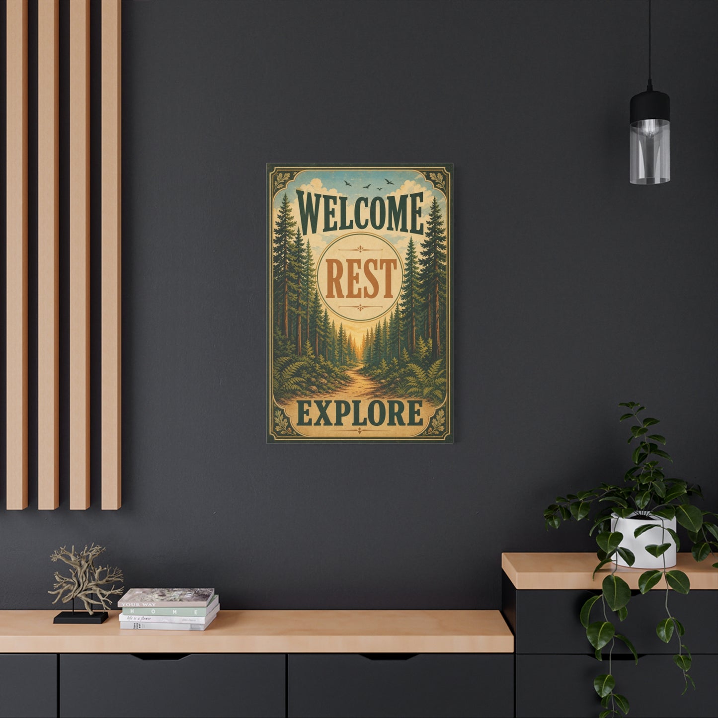 "Welcome Rest Explore" Forest Canvas Art Print - Vintage Pine Path Landscape Decor - Rustic Cabin Style, Nature Home Accent, Entryway Decoration, Lodge Interior Piece - Living Room Wall Decor
