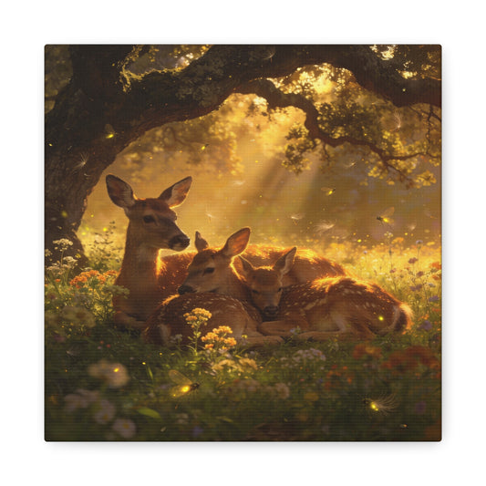 Doe And Fawns Canvas Wall Art - Woodland Deer Family In Golden Light, Whimsical Nature Scene - Matte Finish Cotton Print - Rustic Traditional Style - Bedroom Wall Decor - Bedroom Home Decoration
