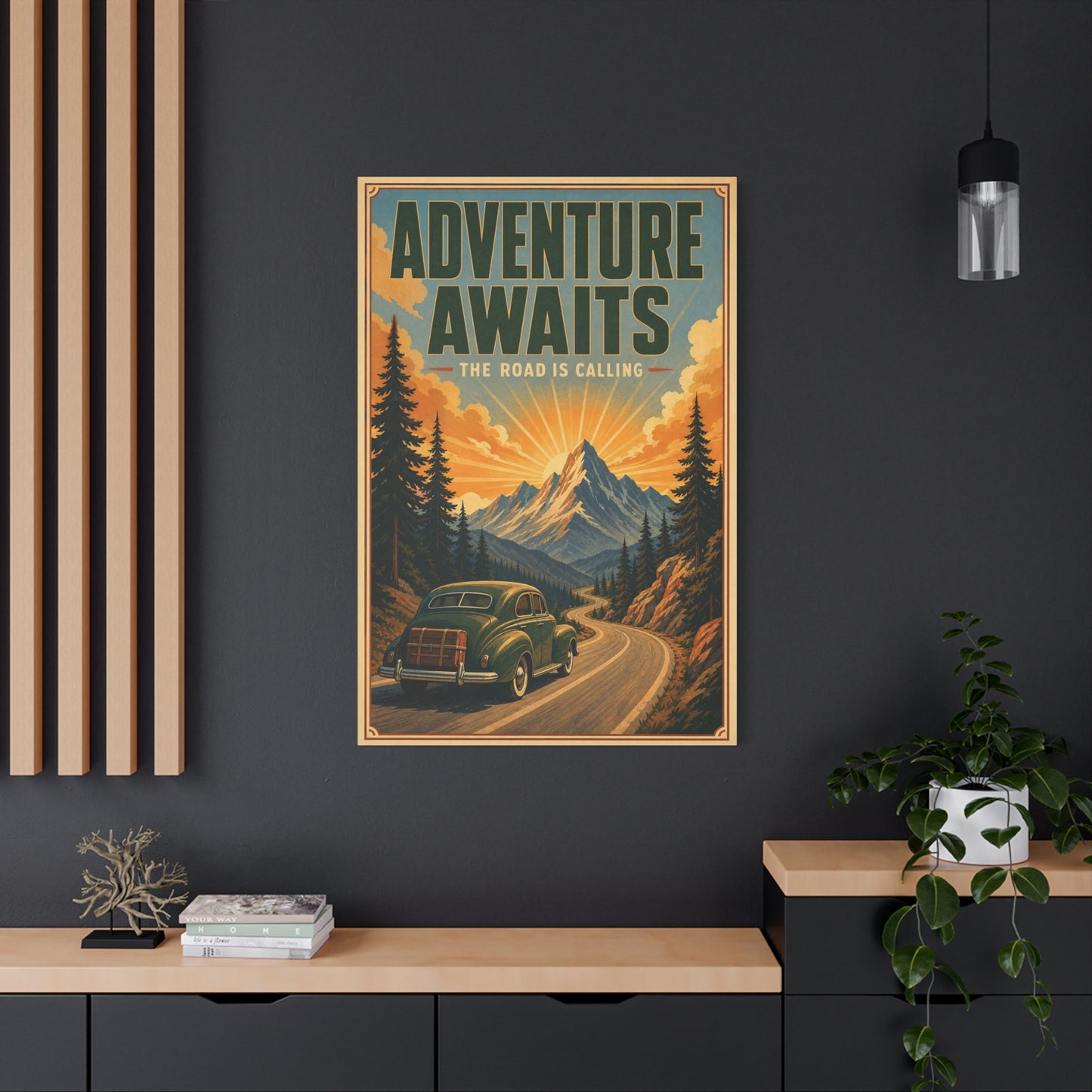 "Adventure Awaits The Road Is Calling" Vintage Travel Canvas Wall Art - Mountain Road Sunrise, Retro Car Poster Print - Adventure Decor, Living Room Wall Decor, Office Art - Bedroom Home Decoration