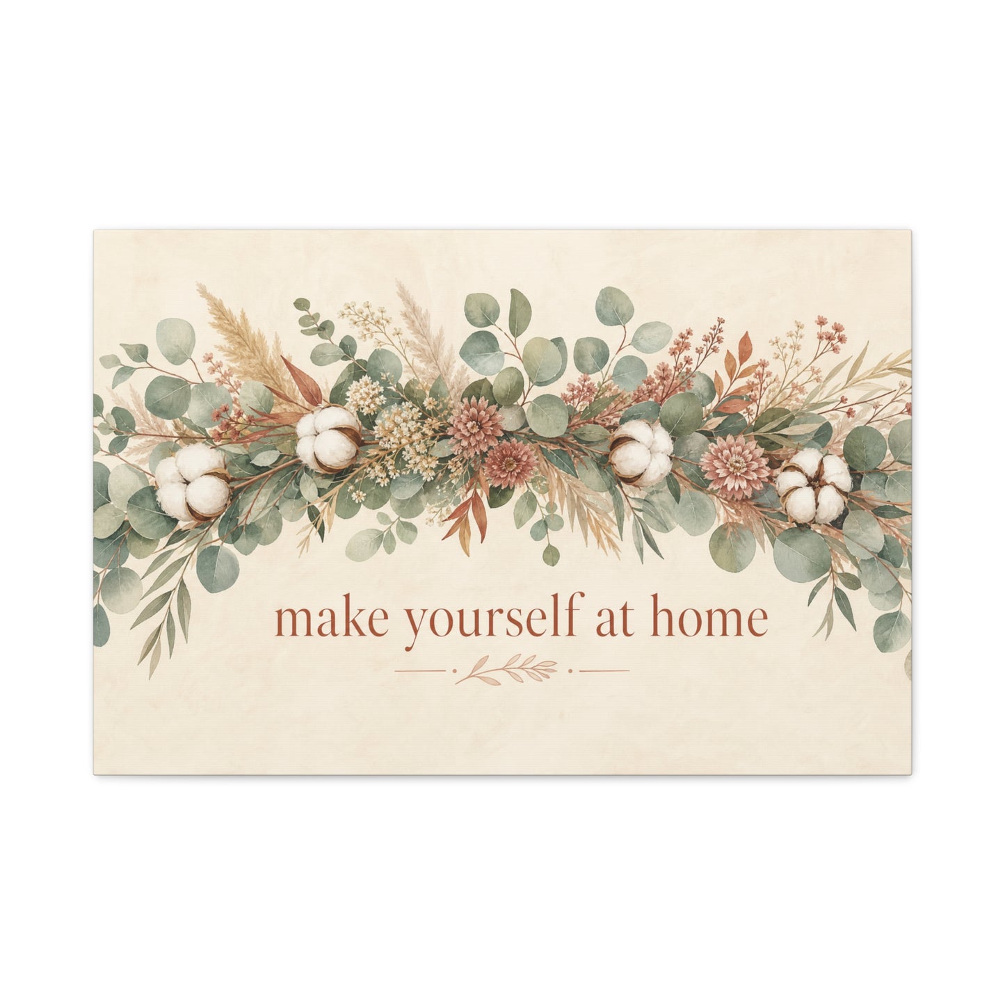 "Make Yourself At Home" Botanical Canvas Wall Art - Eucalyptus Cotton Stem Floral Quote Print - Rustic Farmhouse Style - Living Room Wall Decor - Modern Farmhouse Style - Bedroom Home Decoration