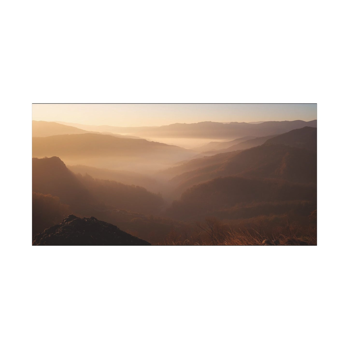 Golden Mist Mountain Valley Canvas Wall Art - Serene Landscape Art Print, Warm Dawn Light - Minimalist Nature Decor - Living Room Wall Decor, Bedroom Home Decoration - Bedroom Home Decoration