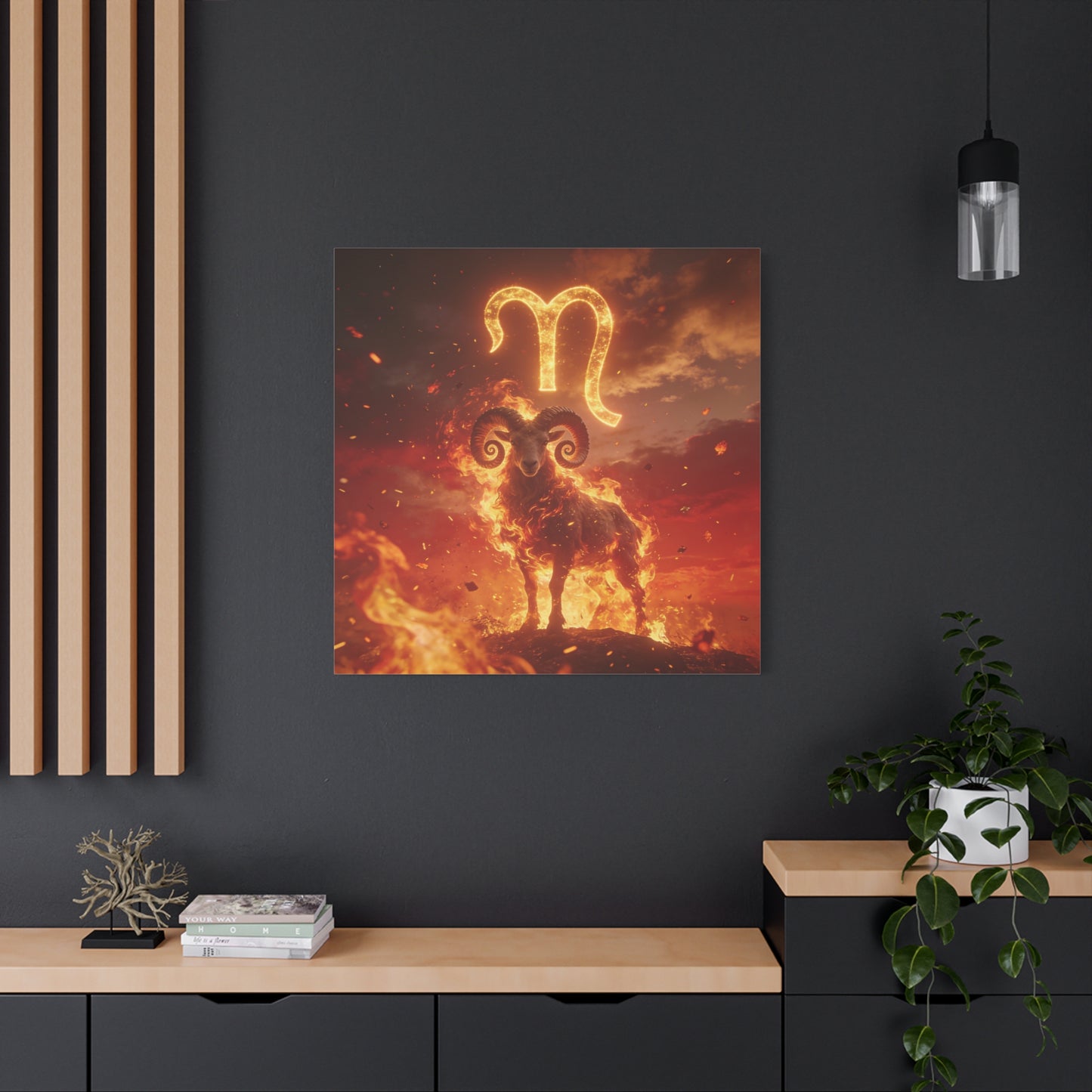 Aries Ram Canvas Wall Art - Fiery Zodiac Symbol Astrology Print, Glowing Horned Sheep Illustration - Matte Canvas Decor - Bedroom Home Decoration, Office Wall Art - Bedroom Home Decoration