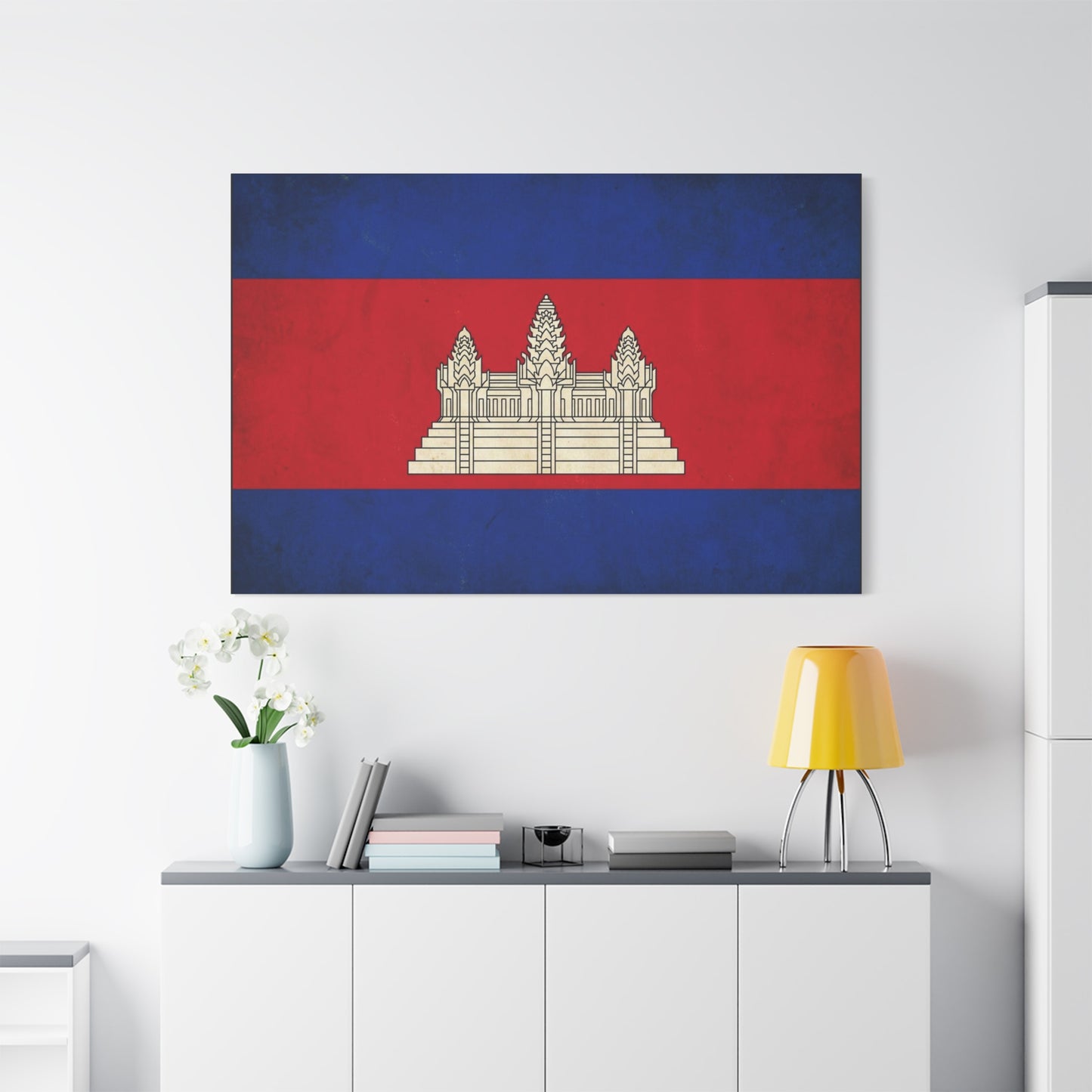 Cambodia Flag Canvas Wall Art - Khmer Temple Emblem Patriotic Print, Vintage National Decor - Textured Red Blue Banner Style - Living Room Wall Decor - Bedroom Home Decoration - Modern Farmhouse Style