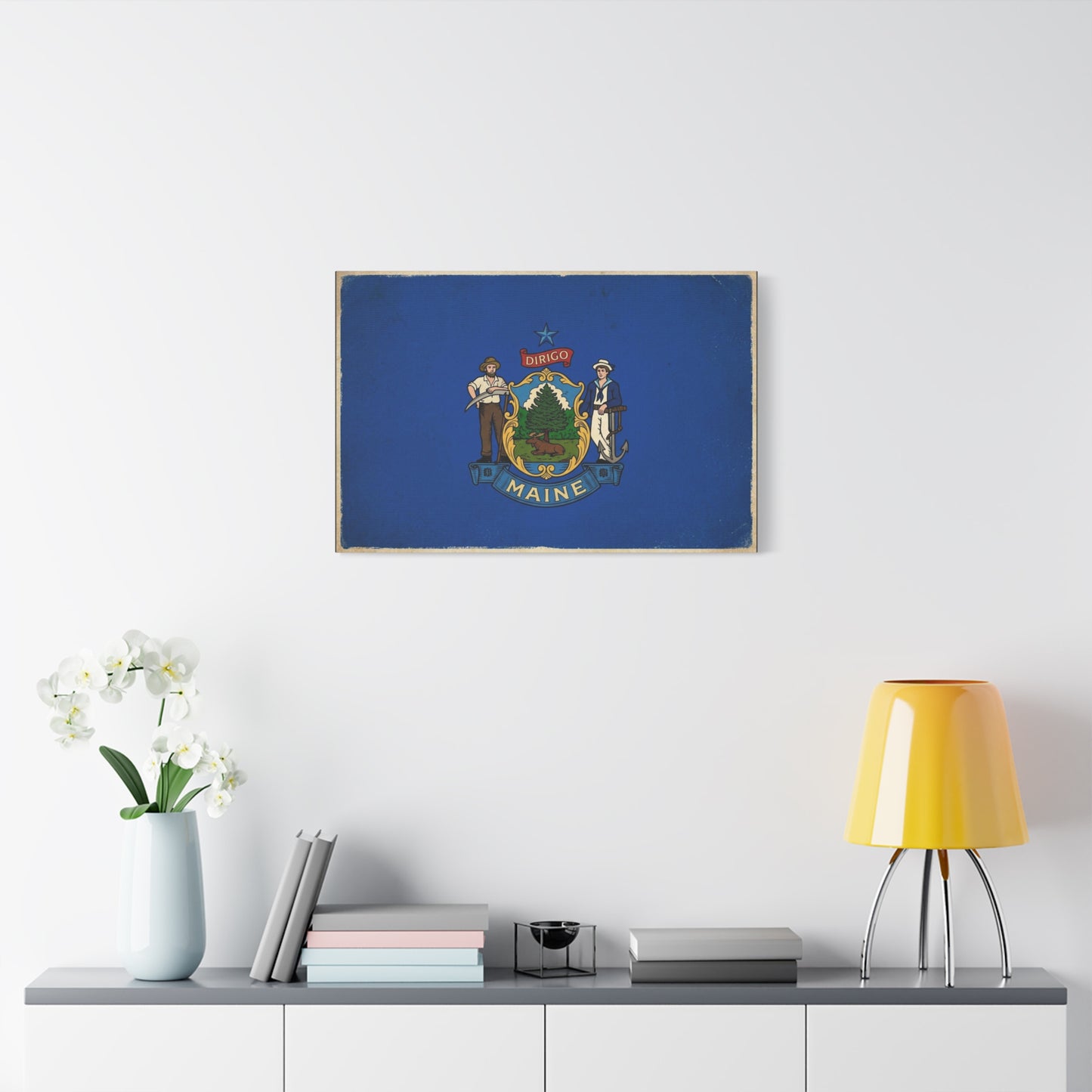 Maine State Flag Canvas Wall Art - Dirigo Vintage Blue Flag Print, Rustic Patriotic Decor - Distressed Illustration Style - Living Room Wall Decor, Office Art Accent - Bedroom Home Decoration