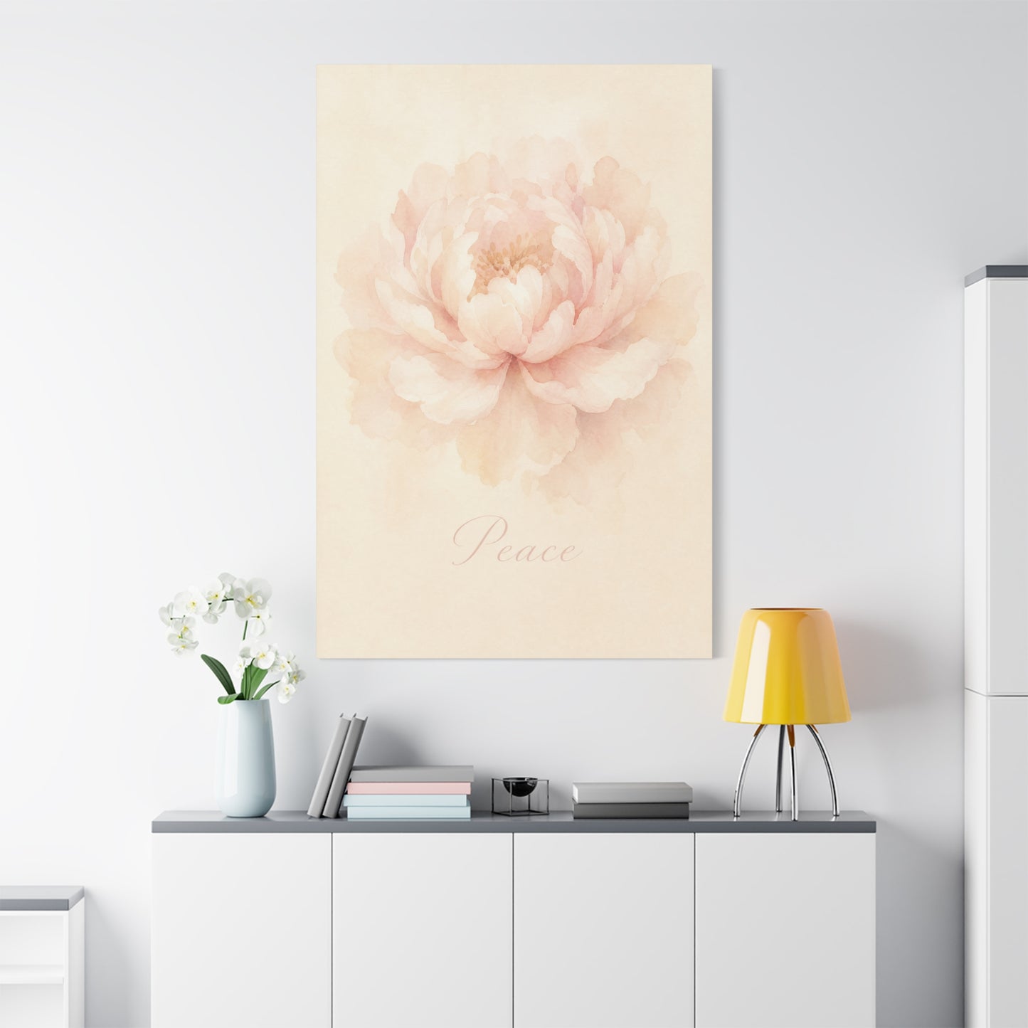 "Peace" Peony Canvas Wall Art - Blush Floral Watercolor Print, Minimalist Bedroom Home Decoration, Soft Botanical Wall Decor, Nursery Accent - Bedroom Home Decoration - Modern Farmhouse Style