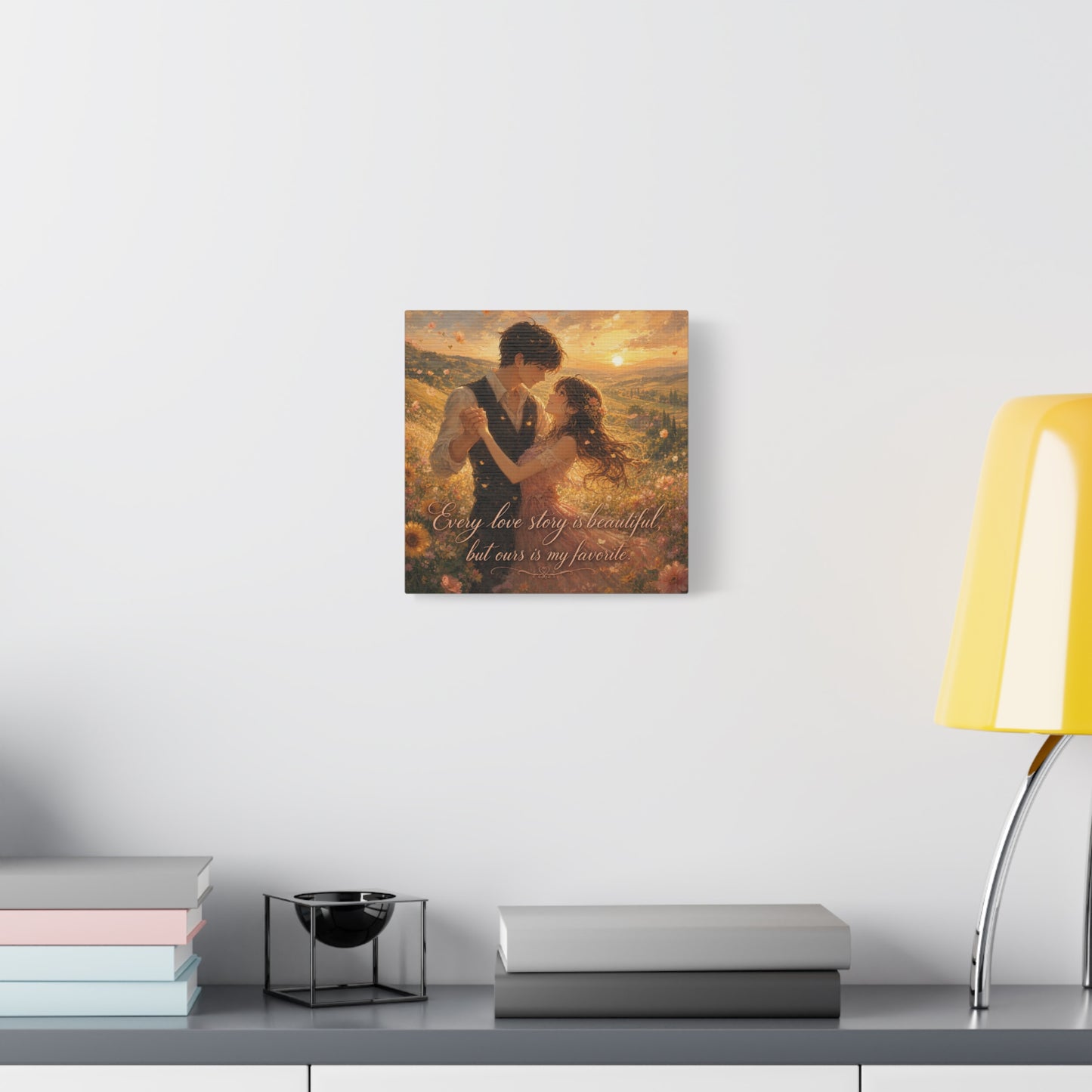 "Every Love Story Is Beautiful, But Ours Is My Favorite" Romantic Couple Canvas Wall Art - Golden Sunset Wildflower Field - Dreamy Rustic Style - Bedroom Wall Decor - Ready to Hang - Ready to Hang