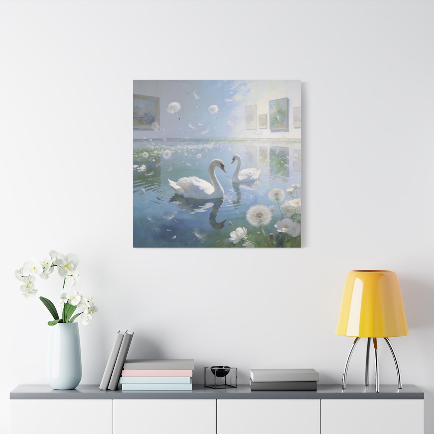 White Swan Canvas Wall Art - Serene Pond With Dandelion Seeds, Soft Blue Water Reflection - Dreamy Traditional Style - Living Room Wall Decor, Bedroom Home Decoration, Office Art - Ready to Hang