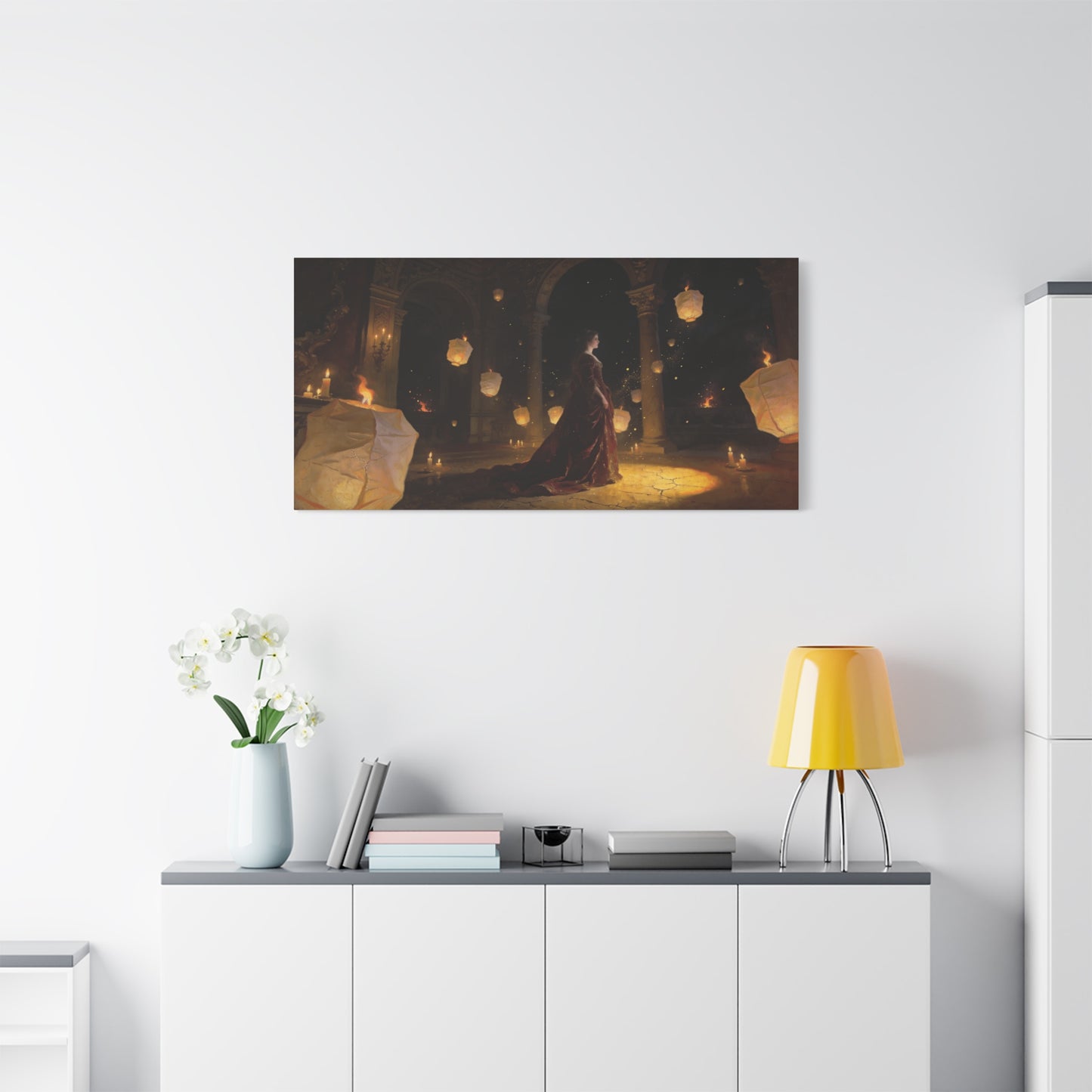 Woman In Candlelit Palace Canvas Wall Art - Floating Lantern Fantasy Scene, Dark Romantic Matte Canvas Print - Traditional Style, Living Room Wall Decor, Bedroom Home Accent - Bedroom Home Decoration
